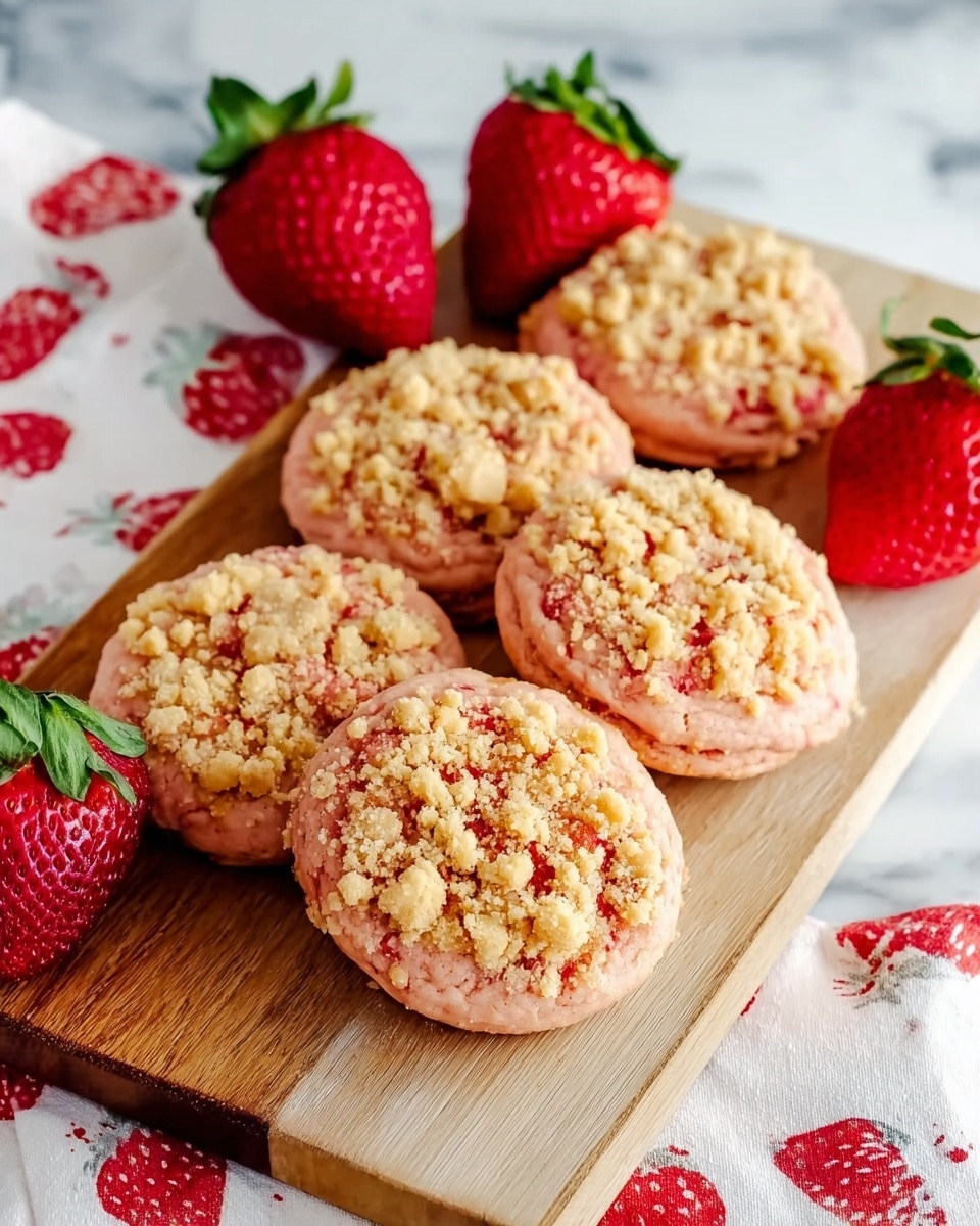 A white wooden board holds six round pink cookies with a crumbly, textured topping that is light brown and yellow, appearing crunchy. The cookies are arranged in a slightly overlapping line. Behind the cookies, three fresh red strawberries with green leaves are placed on the board. The board is set on a white marbled surface with a cloth that has red strawberry prints partially visible on the right side. photo taken with an iphone --ar 4:5 --v 7