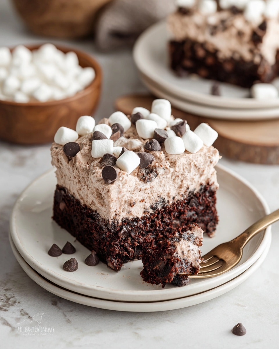 A square piece of chocolate cake with two main layers is shown on a white plate resting on a white marbled surface. The bottom and middle layers are dark, moist chocolate cake with visible chocolate chunks inside. The top layer is thick, light brown whipped frosting, decorated with small white mini marshmallows and dark chocolate chips scattered on top. A bronze fork with a bite of the cake, showing moist texture and creamy frosting, lies on the plate beside the cake. In the soft-focus background, wooden bowls filled with mini marshmallows and chocolate chips are visible, along with a partial second white plate holding another piece of the same cake. photo taken with an iphone --ar 4:5 --v 7