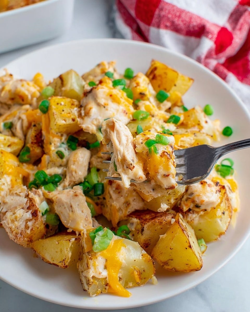 The dish shows a white plate filled with roasted or baked potato cubes, creamy chicken pieces, and melted orange cheese mixed in. The potatoes are yellow with some browned crispy edges, and the chicken pieces are light brown with a creamy sauce coating. Small green chopped spring onions are sprinkled all over the dish. A fork holds a bite in the top right, showing a chicken piece with a potato cube and spring onion on a white marbled surface background, with a red and white cloth slightly blurred behind. photo taken with an iphone --ar 4:5 --v 7