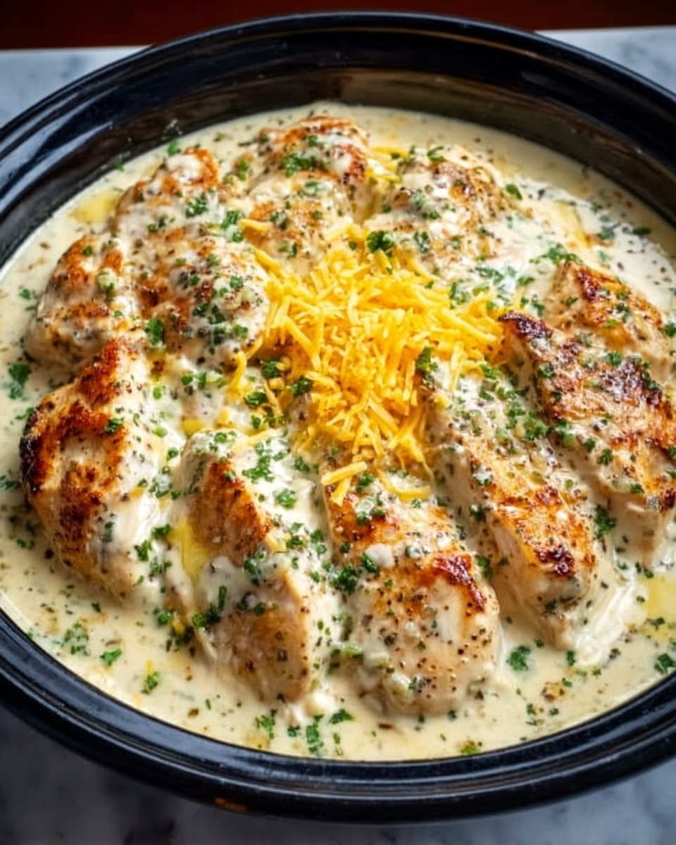 This image shows a black round bowl filled with creamy chicken. The dish has large pieces of grilled chicken breast, covered with a thick white sauce, sprinkled with green herbs, and some shredded yellow cheese on top. The creamy sauce looks smooth and rich, covering the chicken evenly. The green herbs add a fresh touch, and the cheese is in the center, melting slightly. The bowl sits on a white marbled surface. photo taken with an iphone --ar 4:5 --v 7