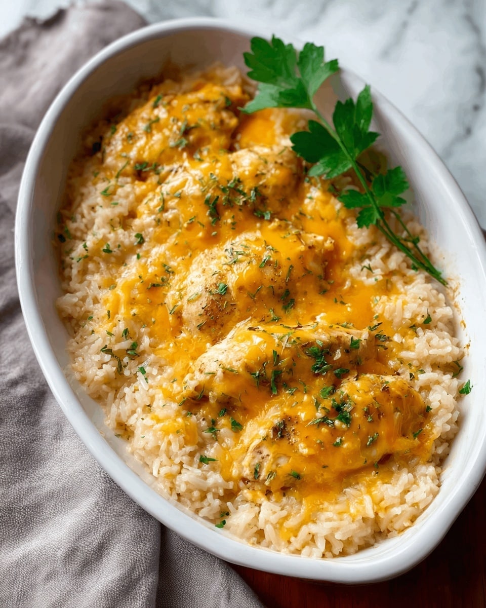 A white oval dish filled with a base layer of creamy white rice with a soft texture, topped with four evenly spaced baked chicken pieces that are golden brown with a slightly crispy texture, covered in a melted yellow-orange cheese layer. The cheese is spread thinly but generously over the chicken and a bit on the rice, sprinkled with finely chopped green herbs for contrast. A small bunch of three fresh green leaves decorates one corner of the dish. The dish sits on a white marbled surface, with a soft gray cloth visible in the background. photo taken with an iphone --ar 4:5 --v 7