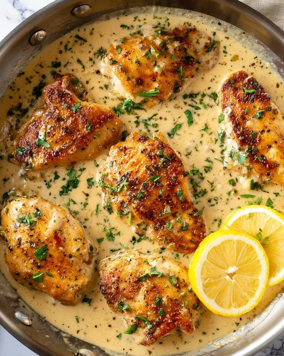 This image shows a silver pan filled with six browned chicken pieces partially covered with a creamy light beige sauce sprinkled with chopped green herbs. On the right side inside the pan, there are three lemon wedge slices resting on the sauce. The chicken has a golden crust and is coated unevenly by the sauce, with some areas showing the chicken texture clearly. The inside surface visible around the pan has a white marbled texture. photo taken with an iphone --ar 4:5 --v 7