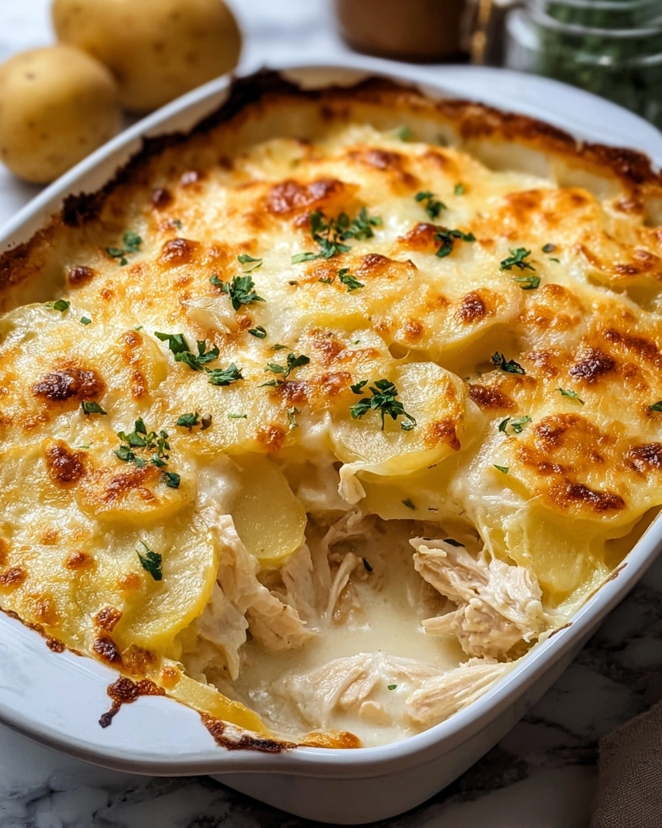 A white ceramic baking dish filled with a creamy potato gratin featuring three visible layers: the bottom layer has shredded pale chicken pieces, the middle layer showcases pale yellow potato slices soaked in a smooth cream sauce, and the top layer is a bubbly golden-brown melted cheese crust with small browned spots, garnished lightly with chopped green herbs. The edges have a slight crispy toasted look, and a portion is scooped out from the front corner, revealing the inner layers. The dish rests on a white marbled surface with a blurred background of potatoes and a jar. Photo taken with an iphone --ar 4:5 --v 7