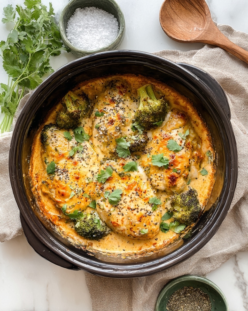 The dish shows a black pan filled with creamy baked chicken and broccoli. The bottom layer seems to be a rich, light orange creamy sauce mixed with melted cheese. On top, there are five pieces of chicken breast, golden brown and slightly charred, surrounded by large broccoli florets that are also baked with a slightly toasted look. Green cilantro leaves are scattered over the whole dish as a fresh garnish. The pan sits on a white marbled surface, with a wooden spoon placed to the top right and fresh cilantro sprigs near the pan handle. Below the pan, two small white bowls hold coarse salt and dried herbs on a beige cloth. photo taken with an iphone --ar 4:5 --v 7