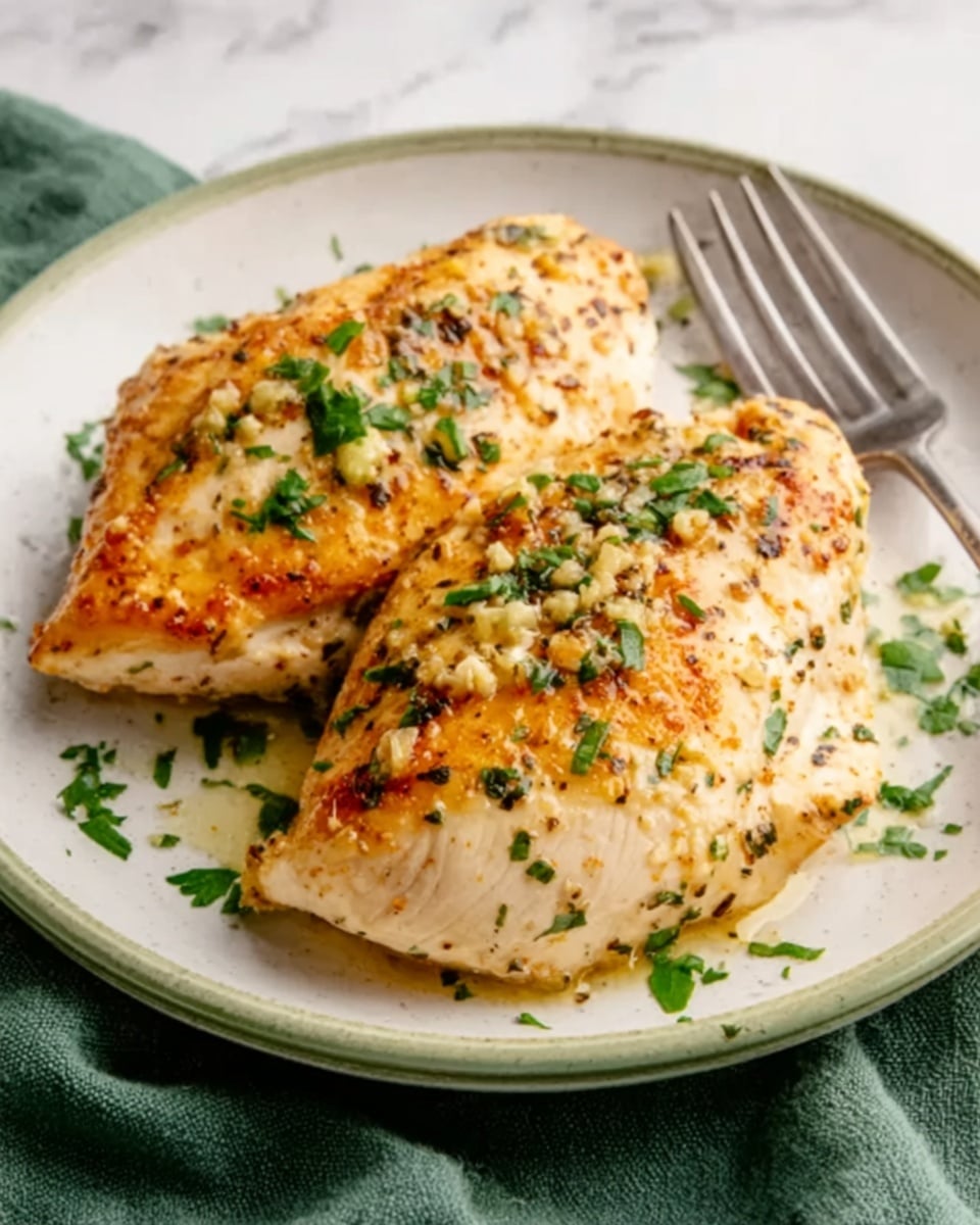 The image shows two thick grilled chicken breasts on a white plate, each breast golden brown with specks of black seasoning on top. The chicken is garnished with small pieces of green herbs scattered over and around it, with a light, oily sauce pooling beneath. Behind the chicken, there is a small pile of cooked, light yellow mashed potatoes with bits of green herbs mixed in. A silver fork rests on the right side of the plate, and the plate is set on a white marbled surface with a soft green cloth partially visible under the plate’s edge. Photo taken with an iphone --ar 4:5 --v 7