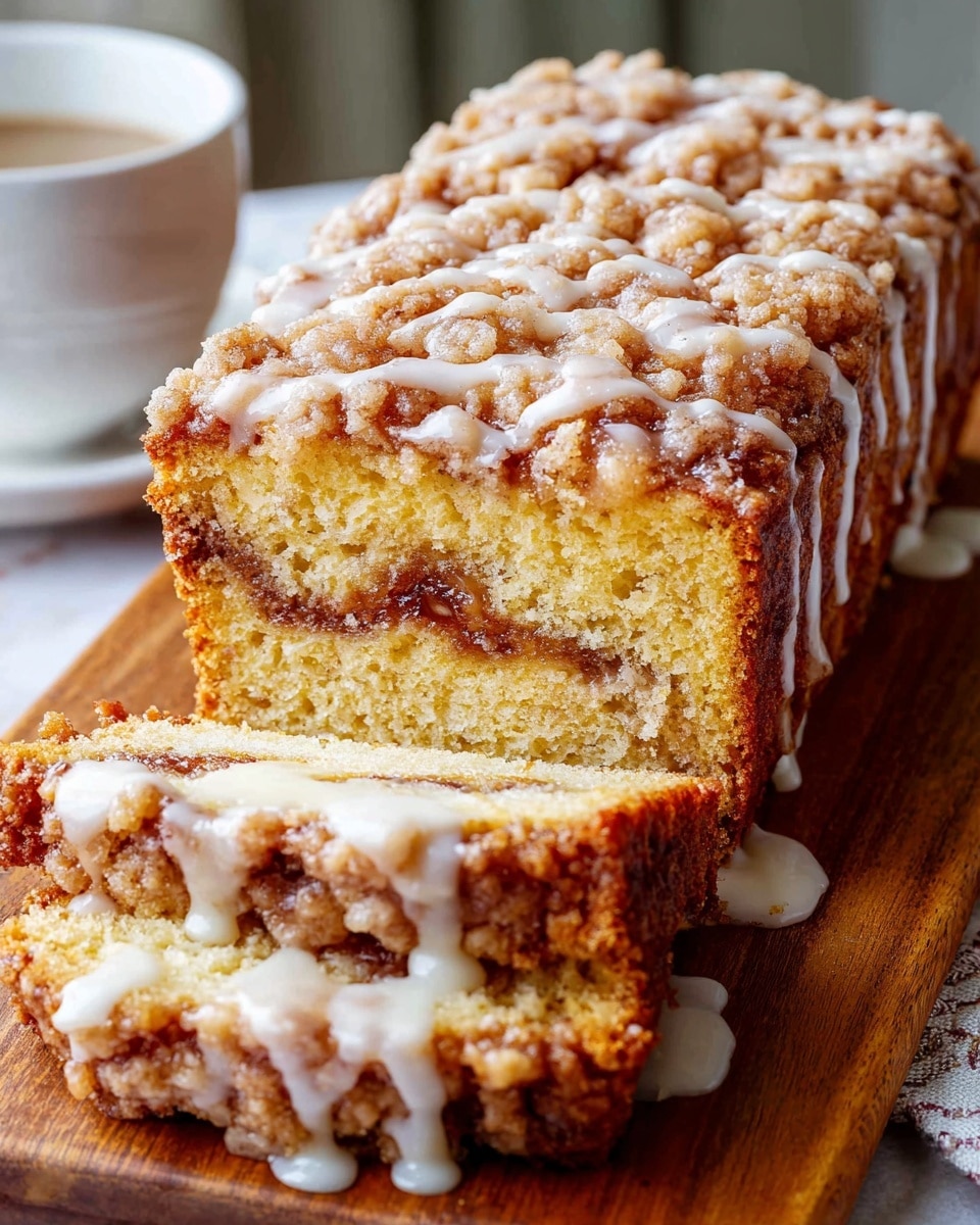 A loaf of coffee cake is shown sliced on a wooden board, revealing its soft, golden interior with a thick middle layer of cinnamon and nut filling. The top is covered with crumbly, golden-brown streusel and drizzled with white icing that flows over the edges and onto the wooden board. The texture of the cake looks moist and tender, with crisp crumb topping that contrasts with the soft inside. In the background, there is a white cup and a white marbled surface. photo taken with an iphone --ar 4:5 --v 7