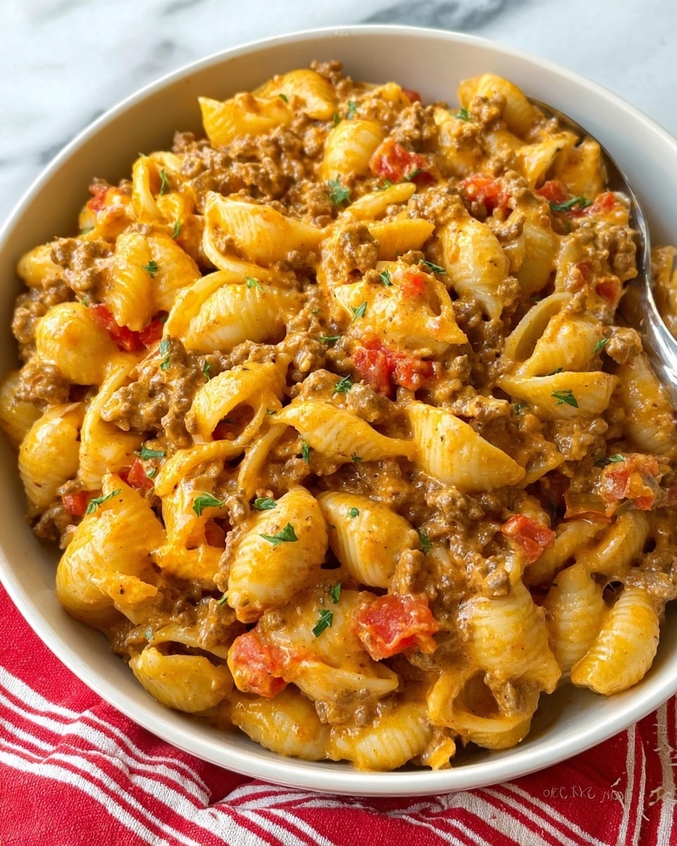 A close-up view of a white bowl filled with creamy pasta shells mixed with ground beef and diced tomatoes. The pasta shells are golden yellow and coated in a rich, slightly orange cream sauce. The ground beef is finely crumbled and spread evenly throughout. Red tomato pieces add small pops of color among the pasta and meat. The bowl sits on a white marbled surface with a red and white striped cloth beside it. Photo taken with an iphone --ar 4:5 --v 7