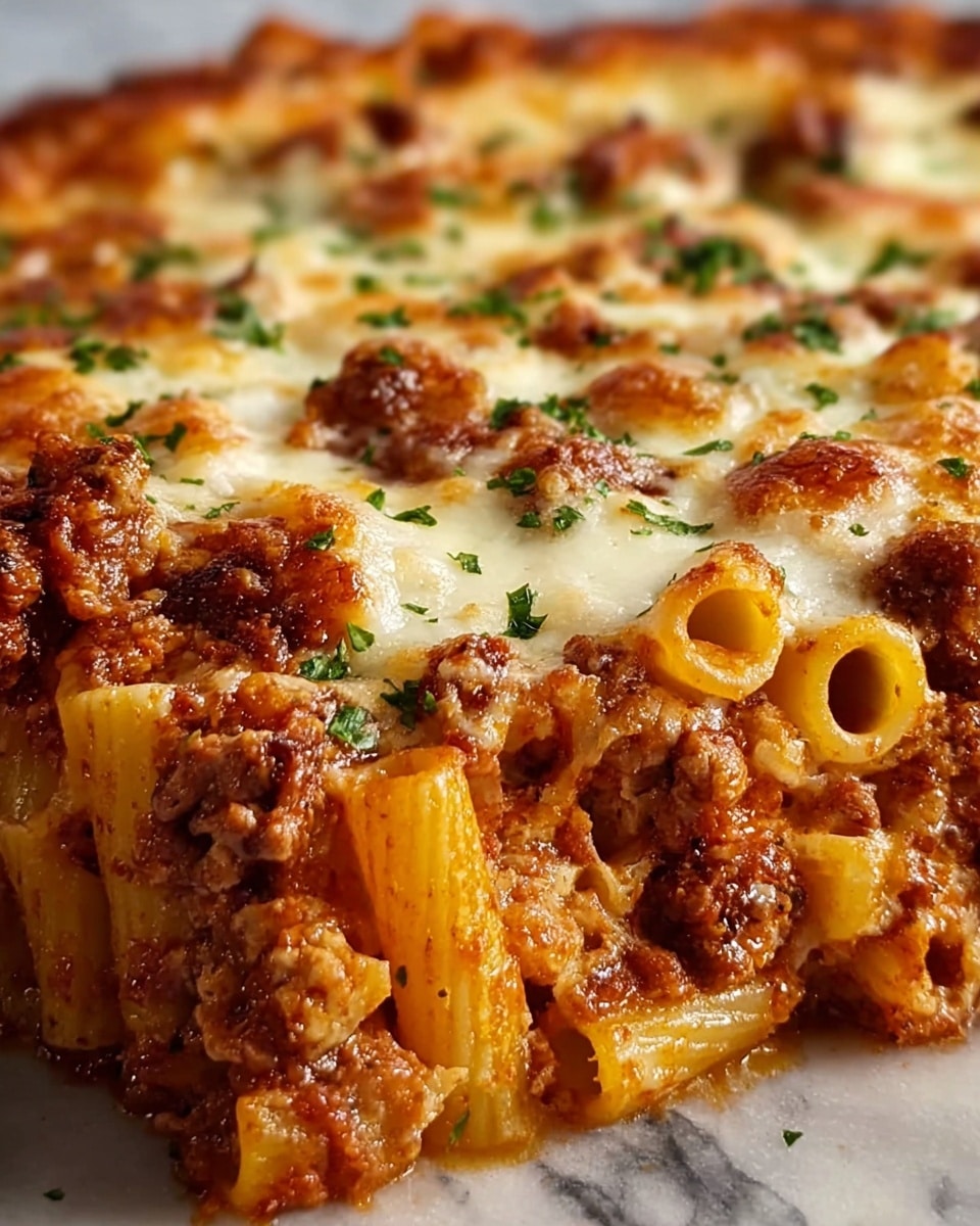 A close-up image of a baked layered pasta dish with visible tubular pasta pieces coated in a chunky reddish-brown meat sauce forming the bottom layer. Above this is a thick layer of melted white cheese, browned slightly in spots, with finely chopped green herbs sprinkled evenly on top. The textures range from soft pasta to glossy, slightly crispy cheese on the surface, all set on a white marbled texture beneath. photo taken with an iphone --ar 4:5 --v 7