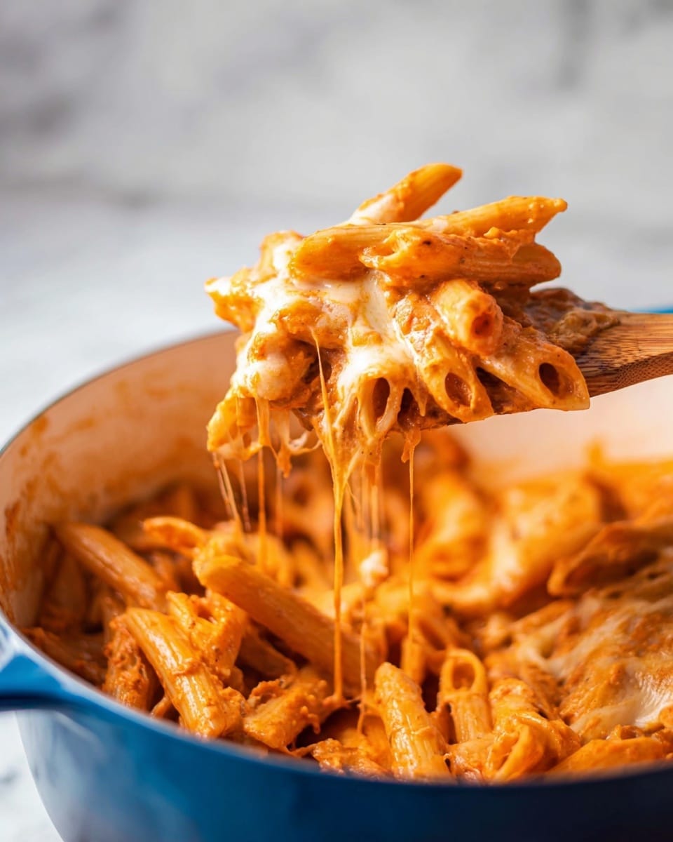 A close-up view shows a wooden spoon lifting several pieces of penne pasta covered in melted, stretchy cheese mixed with creamy orange sauce. The pasta tubes are coated evenly, with gooey cheese strings stretching from the pasta back to the pot underneath. The pasta and sauce layers appear thick and rich, with a smooth texture and shiny surface. The spoon is held over a white pot with a blue handle, sitting on a white marbled surface in soft light. photo taken with an iphone --ar 4:5 --v 7
