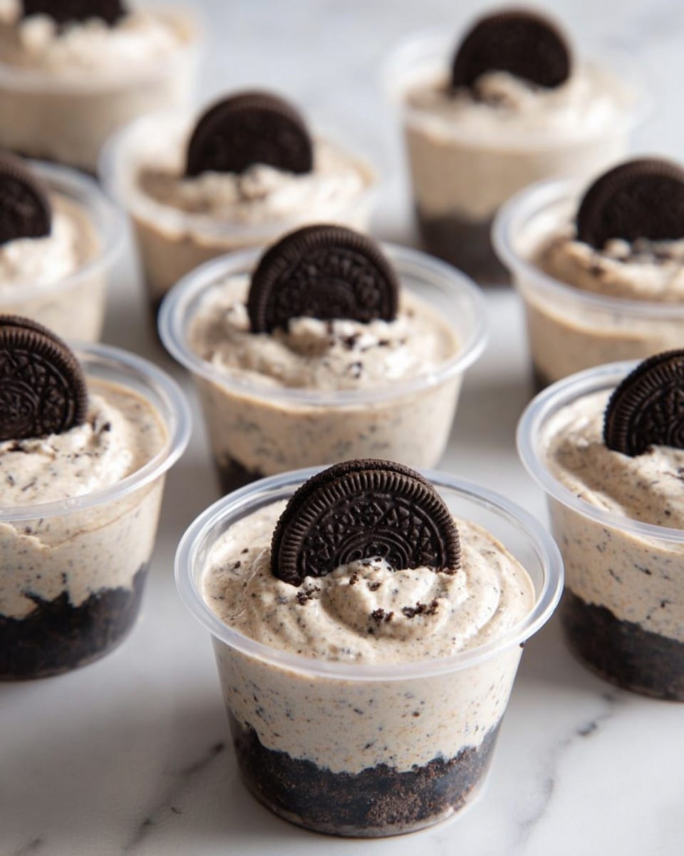 The image shows several small clear plastic cups filled with a two-layer dessert. The bottom layer is dark brown, crumbly, and packed tightly like crushed cookies. The top layer is thick, creamy, and light beige with small dark specks mixed throughout. Each cup is topped with a single whole dark chocolate sandwich cookie placed flat in the center. The cups are arranged on a white marbled surface in soft natural light. Photo taken with an iphone --ar 4:5 --v 7