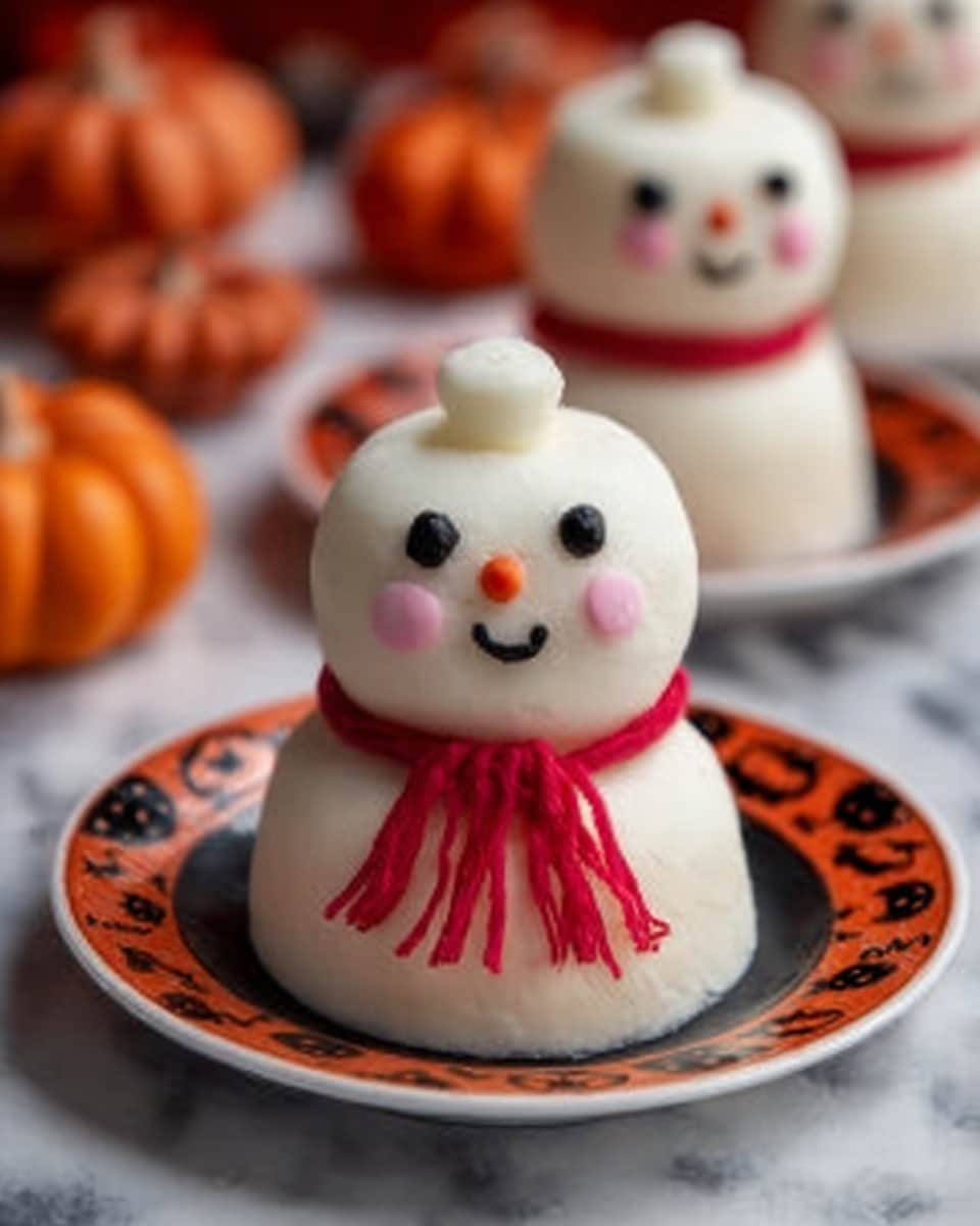 The image shows a cute snowman-shaped dessert placed on a white plate with a black and orange Halloween pattern. The snowman dessert has two round white layers stacked to form the body and head, with a small white dollop on top as a hat. It has black eyes, a smiling mouth, and pink cheeks made from smooth icing. Below its face, there is a red scarf made of thin icing strands that wrap around its neck. The background is a white marbled surface with small pumpkins and the same decorated plates scattered around, creating a festive Halloween feel. Photo taken with an iphone --ar 4:5 --v 7