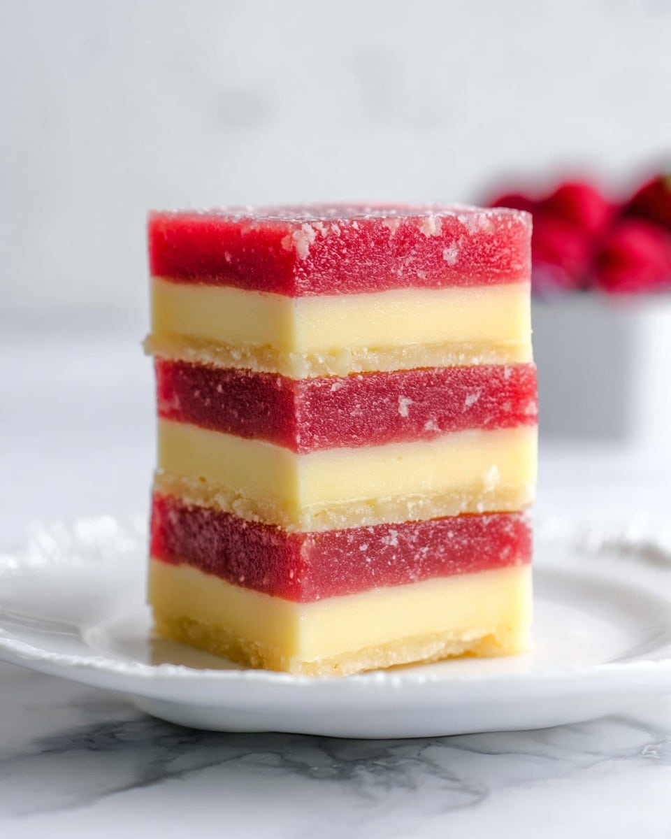 A stack of three square bars with four visible layers sits centered on a white plate with a gentle scalloped edge. The bottom and third layers are smooth and creamy pale yellow, while the first, second, and top layers are vibrant pink-red with a slightly grainy texture. The layers alternate evenly, showing a clear contrast between the bright red and soft yellow sections. The background and surface are white marble, with a soft focus on a white dish filled with red berries blurred behind. Photo taken with an iphone --ar 4:5 --v 7