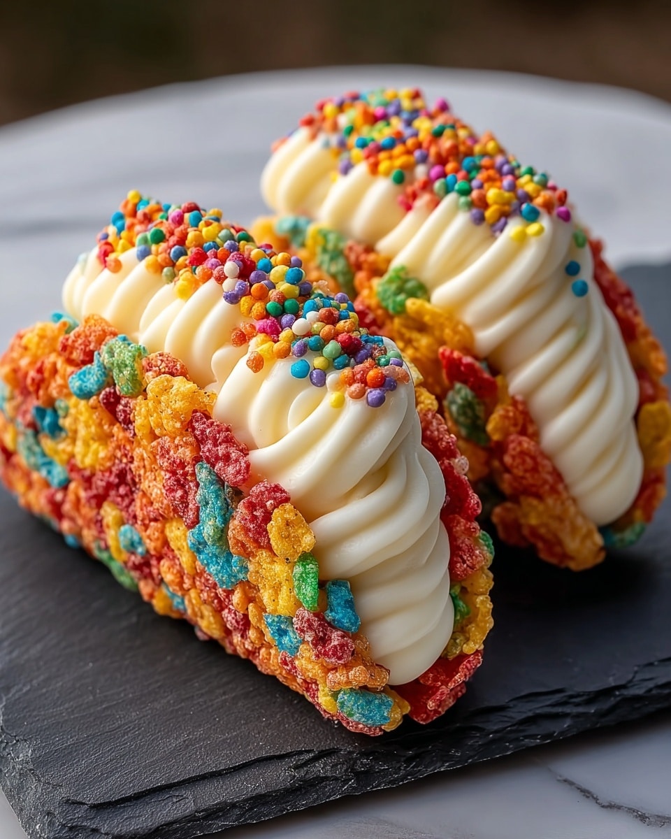 Two colorful taco-shaped desserts sit side by side on a dark slate slab, placed on a white marbled surface. Each dessert has a crunchy shell made of bright, multicolored cereal pieces in red, yellow, blue, green, and orange. Inside each shell, there are five oval layers of smooth, creamy white frosting. The top layer is decorated with small, round, colorful sprinkles in various bright colors that add a playful touch. The overall look is vibrant, with contrast between the crunchy shell and soft frosting layers. Photo taken with an iphone --ar 4:5 --v 7