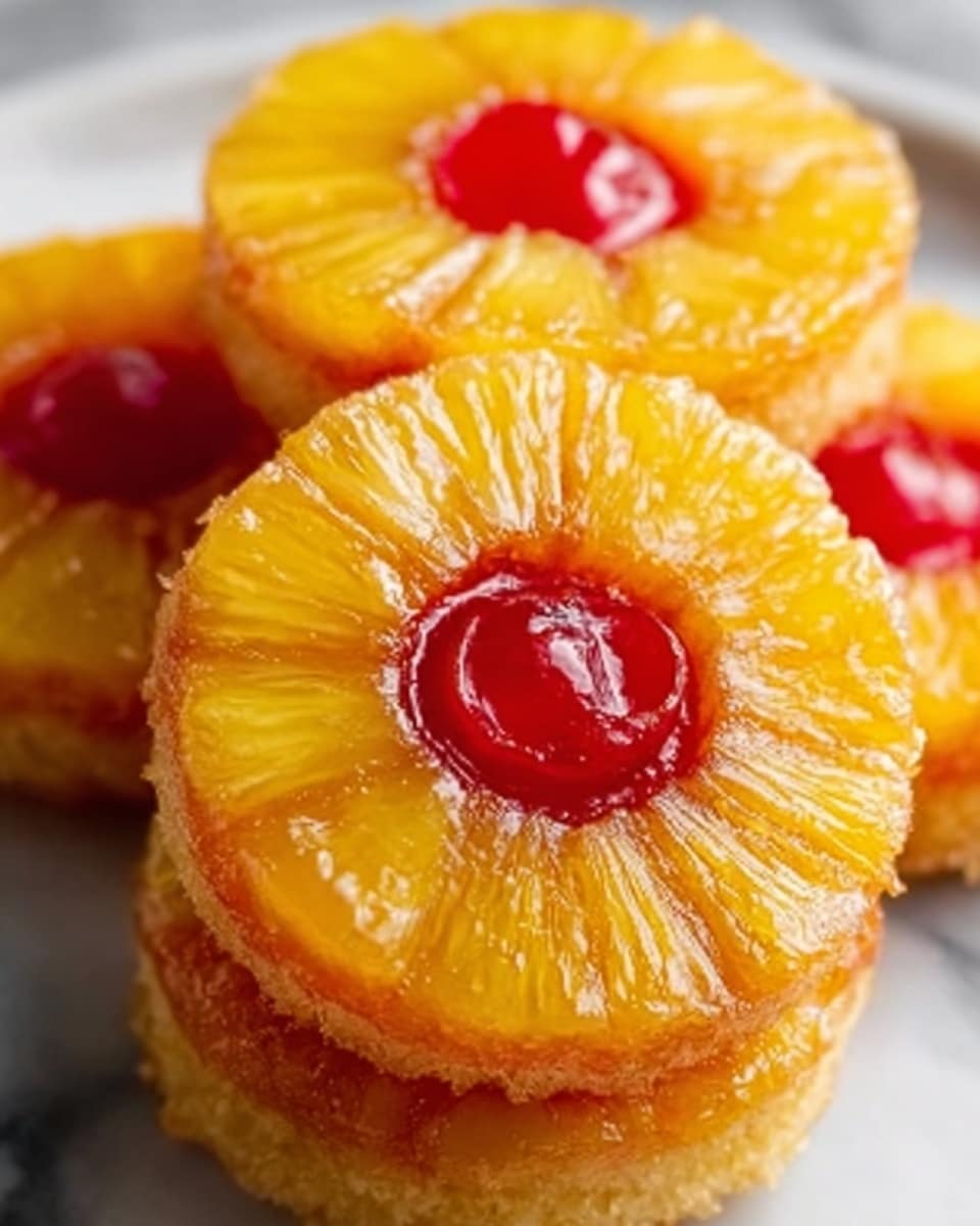 The image shows a close-up of three round pineapple upside-down mini cakes stacked on top of each other on a white marbled surface. Each small cake has a golden yellow pineapple ring on top with a bright red cherry in the center. The pineapple rings have a glossy, slightly sticky texture, and the cherry is shiny and smooth. The cakes themselves appear moist with a light golden brown color visible around the edges. The overall look is fresh and colorful, with the pineapple’s yellow contrasting nicely with the red cherries. photo taken with an iphone --ar 4:5 --v 7