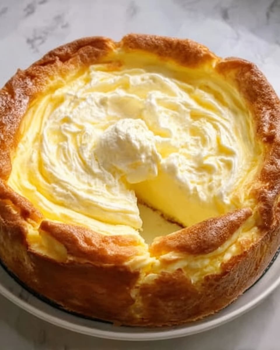 The image shows a thick cheesecake with a golden-brown crust around the edges, slightly uneven and rustic in texture. The top layer is a creamy, smooth yellow filling with soft swirls and a small scoop taken out, revealing a denser, pale yellow layer just underneath. The cheesecake sits on a white plate placed on a white marbled surface. photo taken with an iphone --ar 4:5 --v 7