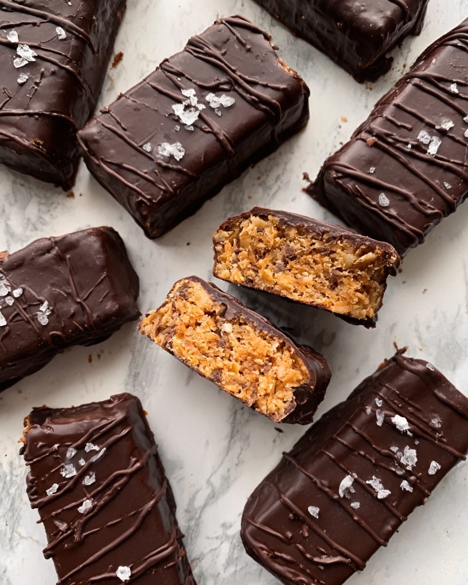The image shows several rectangular chocolate bars on a white marbled surface. Each bar is coated in dark chocolate with a smooth, shiny texture and decorated with fine drizzles of chocolate on top, creating thin lines. Some bars are whole, while others are cut in half, revealing an inside that is light brown with a crumbly, crunchy texture. A few bars have a light sprinkling of salt flakes on the chocolate coating. The arrangement is casual, with bars overlapping slightly and spaced unevenly. The photo is taken with an iphone --ar 4:5 --v 7