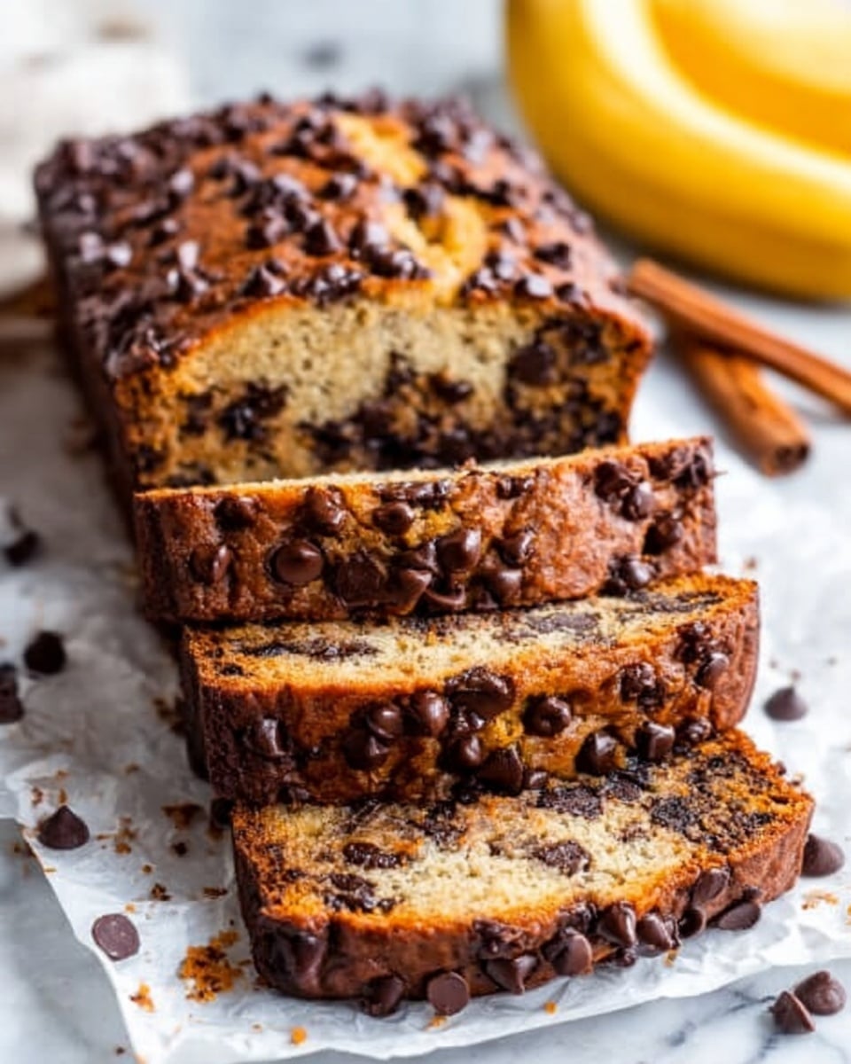 A white plate on a white marbled surface holds a sliced banana chocolate chip loaf. The loaf has three visible slices in the front with a moist, light brown inside filled with dark chocolate chips. The top layer is a darker golden brown with more scattered chocolate chips, some slightly melted, adding texture. In the background, there is a blurred banana and some loose chocolate chips scattered around. photo taken with an iphone --ar 4:5 --v 7