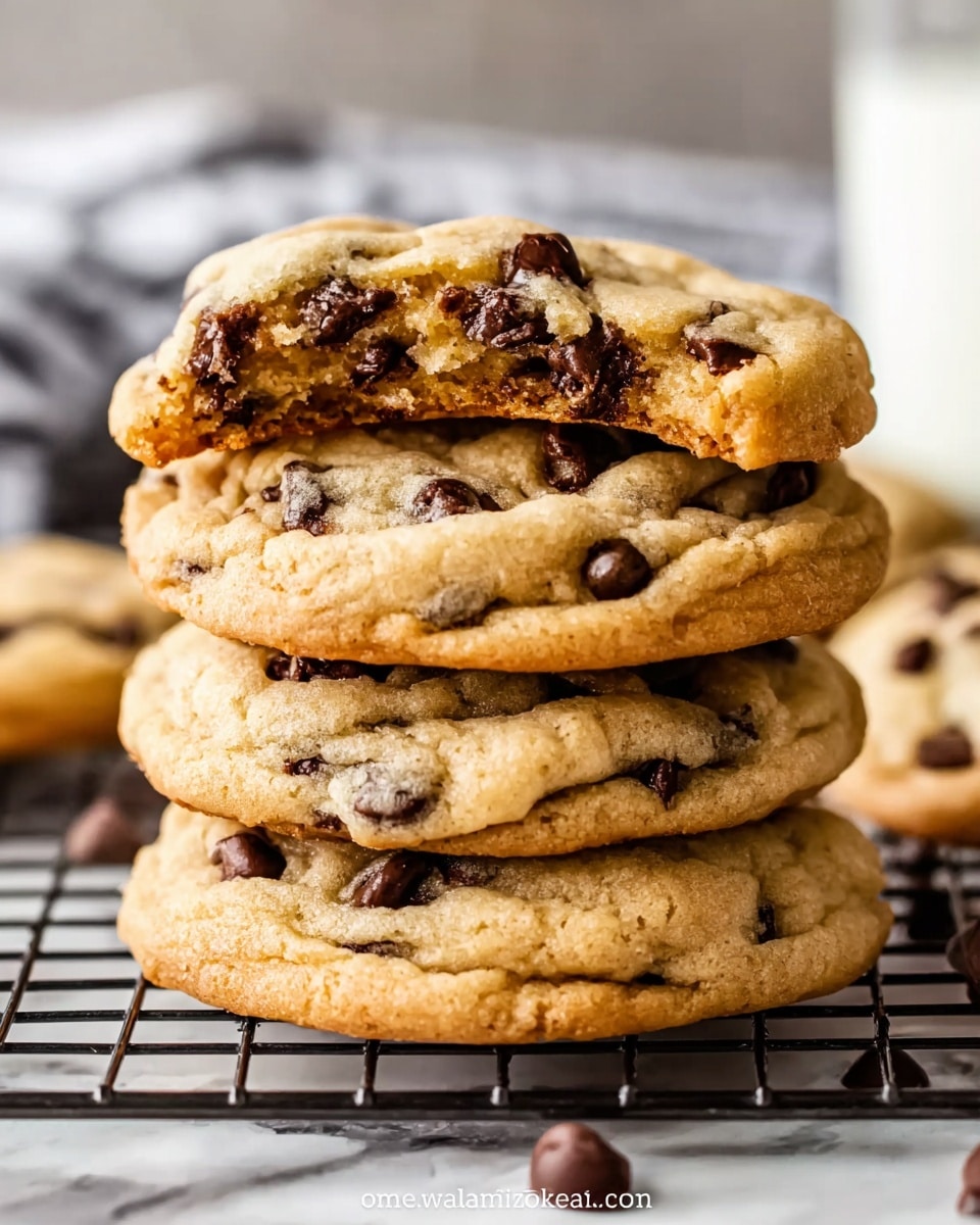 A stack of four thick chocolate chip cookies is shown resting on a wire cooling rack over a white marbled surface. The cookies have a light golden-brown color with visible dark chocolate chips scattered throughout each layer. The top cookie is slightly broken, revealing a soft, chewy inside with embedded chocolate chips. In the background, there is a blurred glass of milk and a grey and white striped cloth, creating a cozy setting. photo taken with an iphone --ar 4:5 --v 7