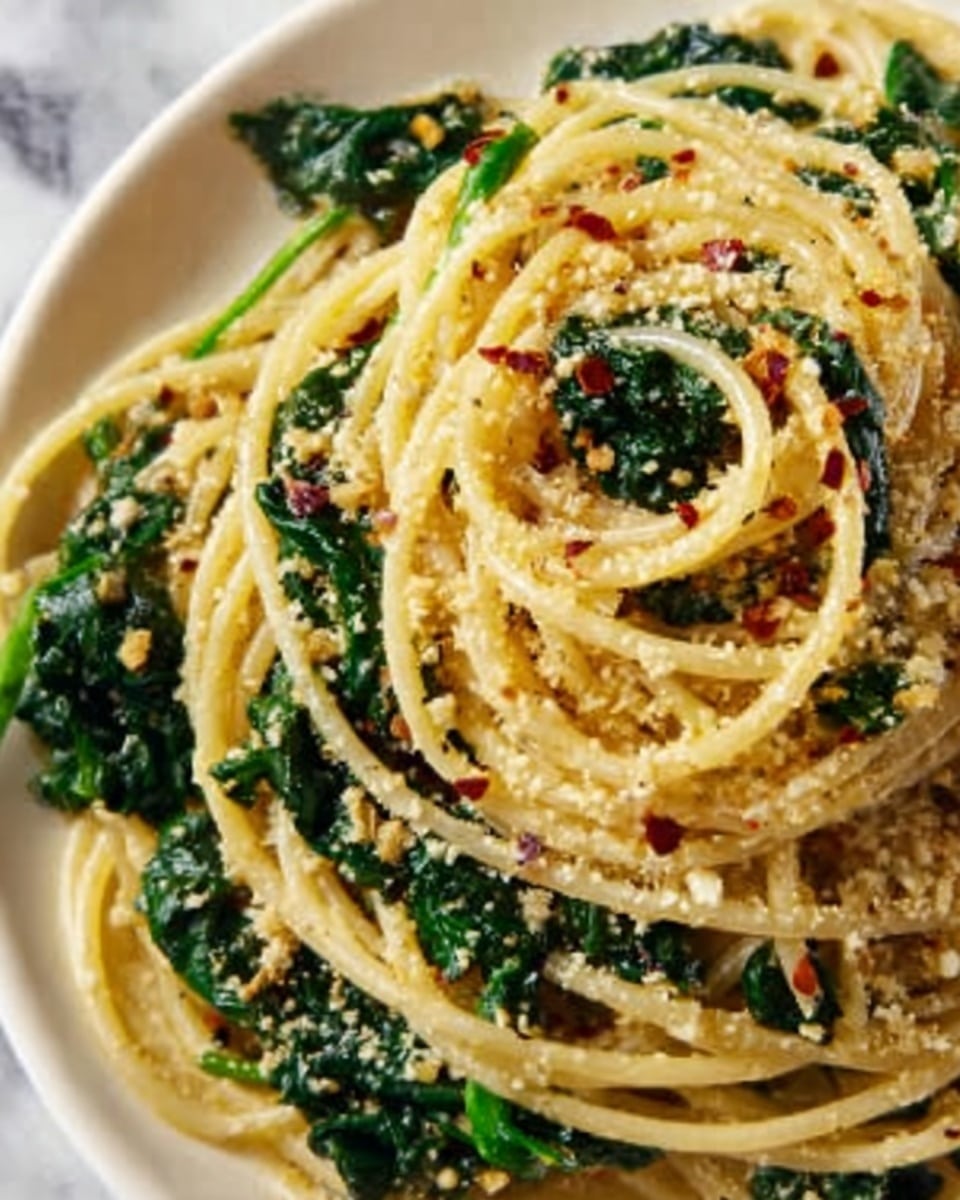 The image shows a close-up of a pasta dish with spaghetti twisted into a neat mound on a white plate. The top layer is light golden spaghetti strands mixed with wilted dark green spinach leaves, sprinkled with crushed red pepper flakes and finely grated pale yellow cheese, adding texture and color contrast. The pasta appears glossy, indicating a light coating of olive oil or sauce. A slice of bright yellow lemon is partially visible at the edge, adding a fresh accent. The background is a white marbled surface. photo taken with an iphone --ar 4:5 --v 7
