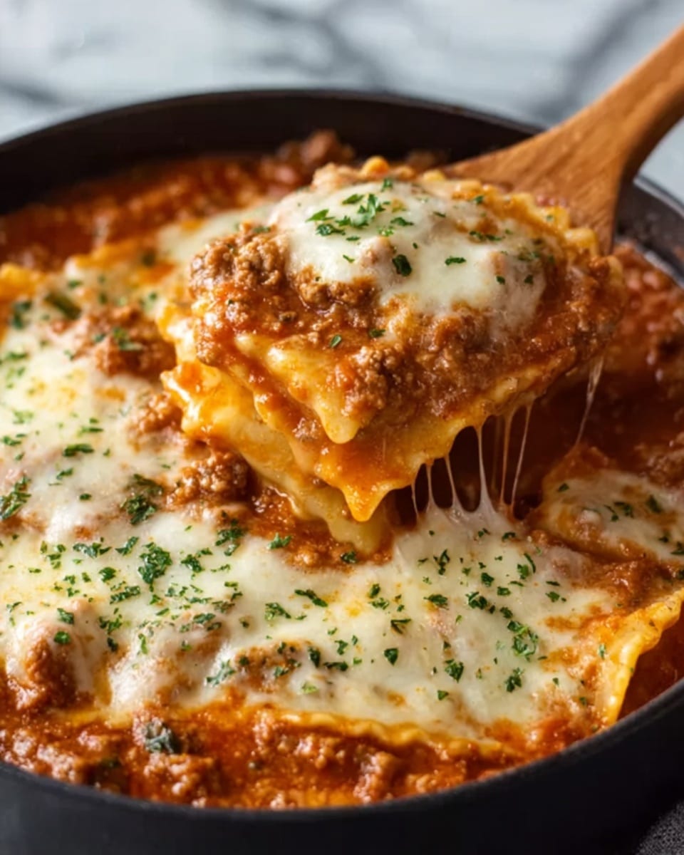The image shows a close-up of a pan filled with lasagna. The bottom layer is rich brown meat sauce mixed with ground beef and tomato sauce. On top, a layer of melted white cheese stretches smoothly as a wooden spoon held by a woman's hand lifts a portion, showing the soft, wavy edges of the pasta sheets. Small sprinkles of green herbs are scattered on the cheese, adding a touch of color. The pan rests on a white marbled surface. Photo taken with an iphone --ar 4:5 --v 7