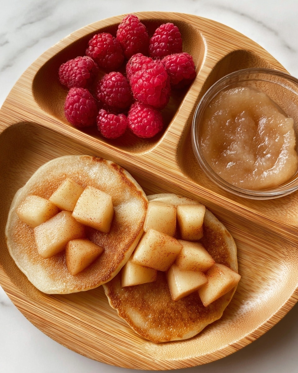 The image shows a wooden divided plate with three sections. In the largest section, there are two small light brown pancakes with a slightly rough texture, topped with a layer of golden brown cooked apple chunks that have a slight shine and specks of cinnamon. The top right section holds a pale, creamy sauce or puree with a smooth surface. The top left section contains bright red raspberries with a textured bumpy surface. The plate is placed on a white marbled surface. Photo taken with an iphone --ar 4:5 --v 7