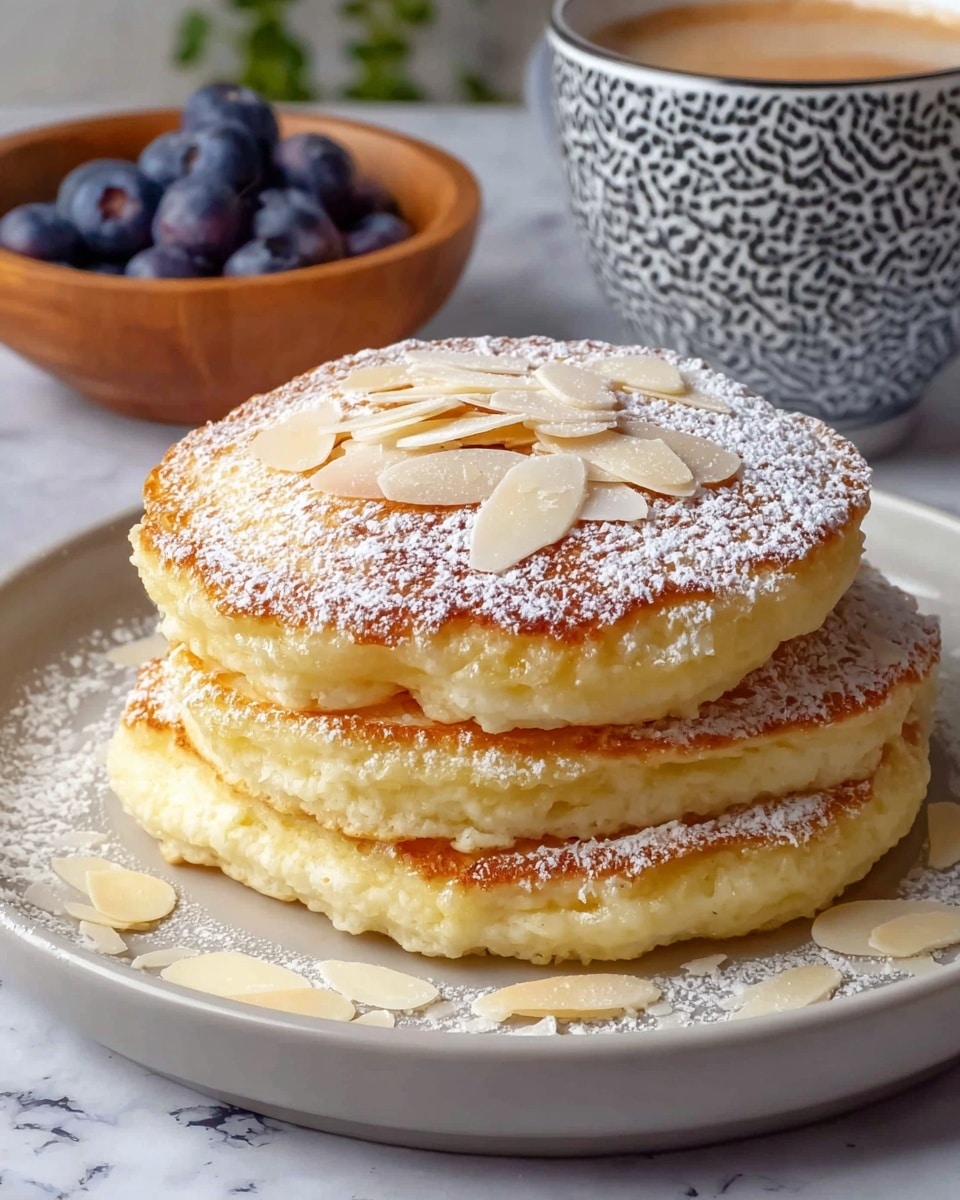 A stack of four fluffy, golden-brown pancakes sits on a white plate, each pancake thick with a soft, airy texture. The top pancake is sprinkled with light almond slices and a generous dusting of white powdered sugar. The background shows a wooden board with a bowl of fresh blueberries and a cup of coffee in a white cup with an intricate blue pattern. The plate rests on a textured blue cloth over a white marbled surface. photo taken with an iphone --ar 4:5 --v 7