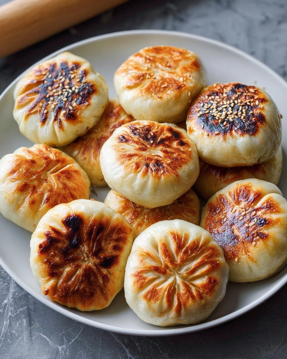 A white round plate holds nine pan-fried buns arranged closely in a circular pattern. Each bun has a golden brown, crispy bottom with a slightly shiny, soft cream-colored dough on top. Some buns have floral-like pleats on top with darker, charred spots, while others are smooth with a toasted surface sprinkled with a few white sesame seeds. The buns' texture looks soft and slightly puffy, with a warm, inviting color contrast between the toasted bottoms and lighter dough tops. The plate sits on a white marbled surface, and a wooden rolling pin is blurred in the background. photo taken with an iphone --ar 4:5 --v 7