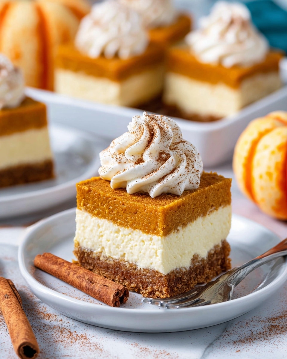 A three-layer square dessert is shown on a white plate with two cinnamon sticks beside it. The bottom layer is a brown crumbly crust, the middle layer is creamy white and smooth, and the top layer is a thick, textured orange-brown cake. On top of the cake is a swirl of white whipped cream sprinkled with brown spice. In the background, a white tray holds more pieces of the same dessert, and there are small striped orange pumpkins, all set on a white marbled surface. A silver fork rests on the plate's edge. Photo taken with an iphone --ar 4:5 --v 7