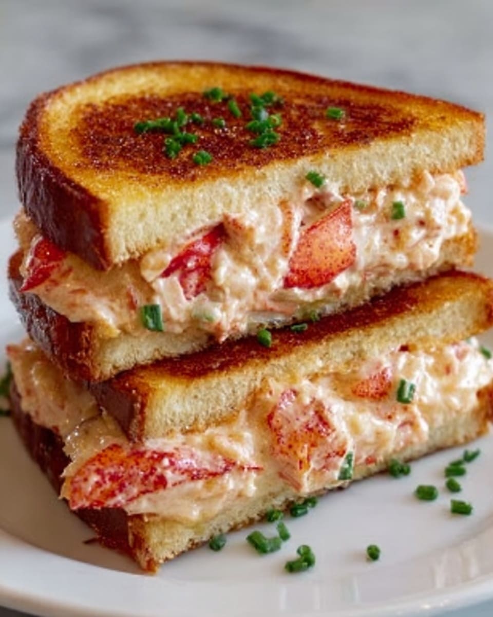 The image shows two grilled cheese sandwich halves stacked slightly on top of each other on a white plate, placed on a white marbled surface. The sandwich has three visible layers: the top and bottom layers are golden brown toasted bread with a crispy texture, while the middle layer contains creamy lobster salad with chunks of bright red lobster meat mixed with a light, smooth sauce. Small green chives are sprinkled on top of the sandwich and around the plate. Photo taken with an iphone --ar 4:5 --v 7