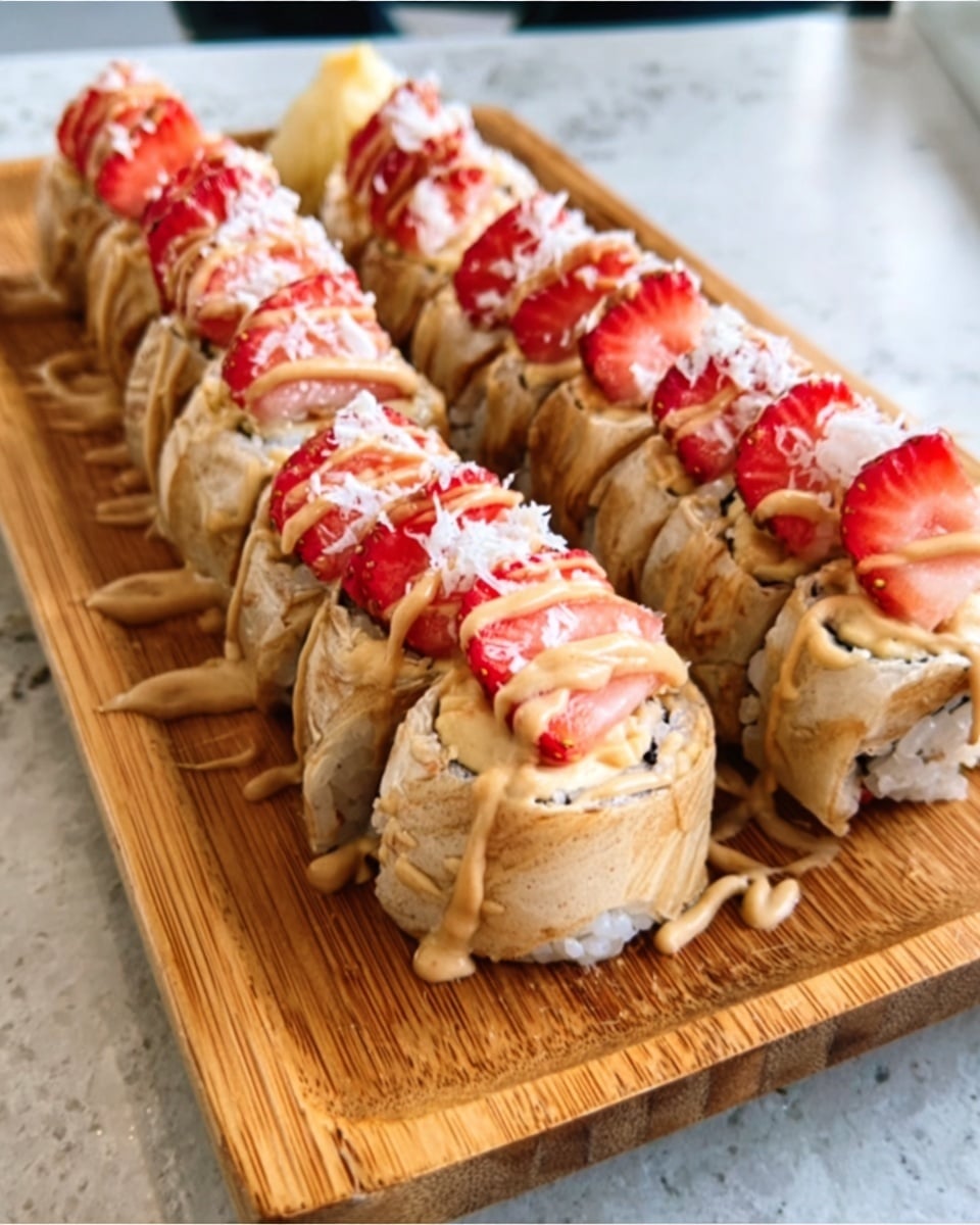 The image shows three sushi rolls neatly arranged on a light wooden board placed on a white marbled surface. Each roll features layers of light brown rice wrapping the center, topped with white sauce drizzled in thin lines and bright red slices of strawberry. Thin white flakes, possibly coconut or fish flakes, are scattered lightly over the rolls, adding texture. A pair of brown chopsticks rest on the left side of the wooden board. The overall colors are soft and natural, with a warm tone from the wooden board contrasting the fresh red and white toppings. Photo taken with an iphone --ar 4:5 --v 7