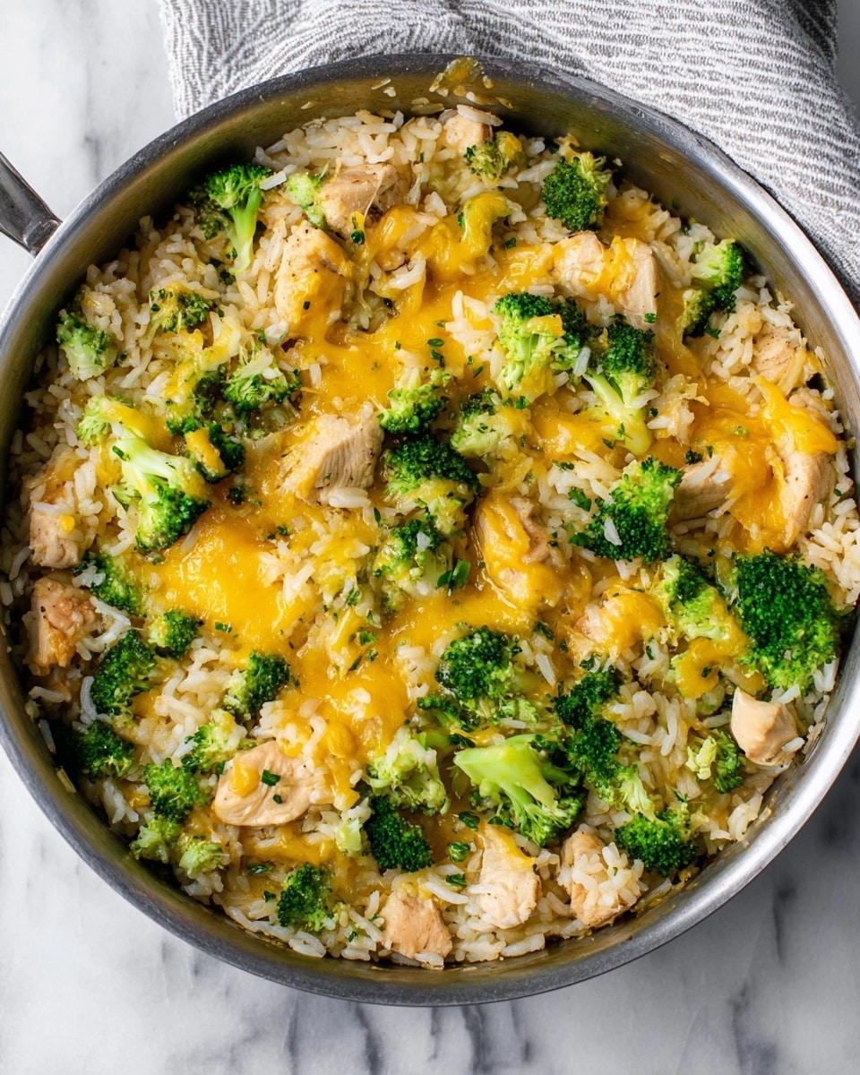 The image shows a large metal pan filled with a creamy dish made of white rice mixed with light brown cooked chicken chunks and bright green broccoli florets. On top, there is a layer of melted golden-yellow cheese spread unevenly, covering parts of the rice, chicken, and broccoli. The dish is speckled with small black pepper flakes, adding texture and color contrast. The pan is placed on a white marbled surface, and a white cloth with thin gray stripes is partially visible in the corner. photo taken with an iphone --ar 4:5 --v 7