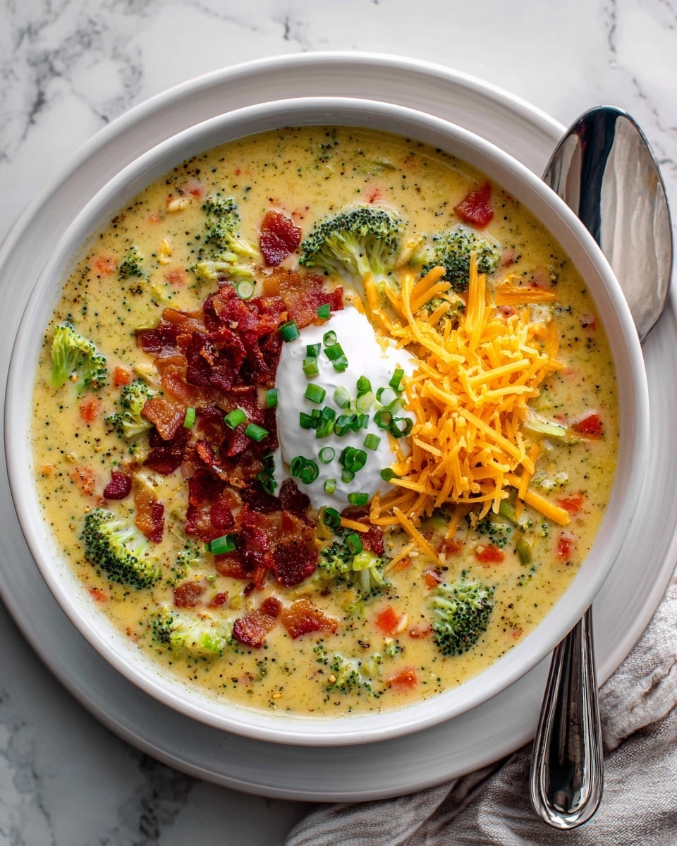 A white bowl filled with creamy broccoli cheese soup with a base layer of thick, light yellow soup dotted with green broccoli florets and small red carrot pieces, topped with crisp brown bacon bits spread evenly around a central dollop of white sour cream sprinkled with chopped green onions. To the side inside the bowl, there is a small pile of shredded orange cheddar cheese. The bowl sits on a white plate with a metal spoon placed to the side, all set on a white marbled surface. Photo taken with an iphone --ar 4:5 --v 7