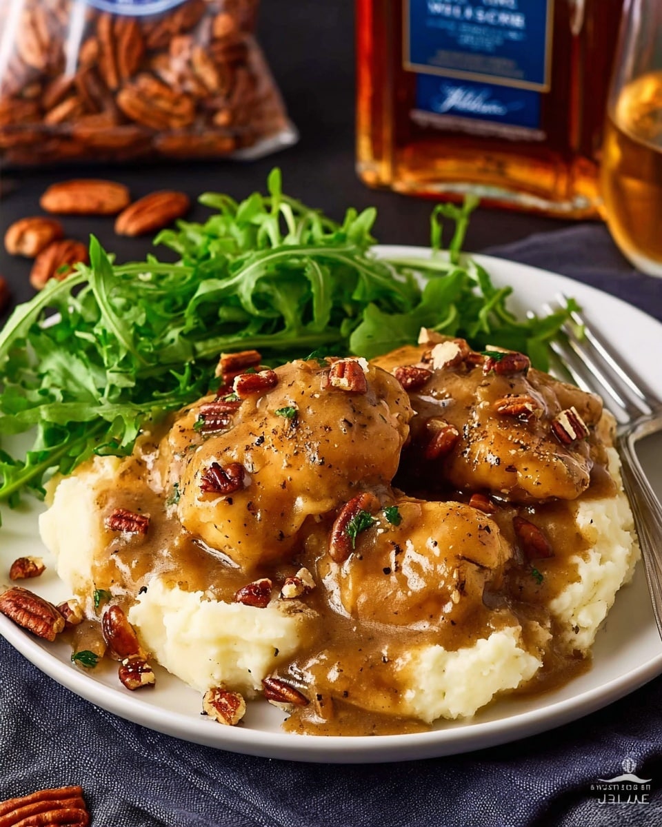 The dish shows a base layer of creamy white mashed potatoes with a smooth texture spread evenly on a white plate, topped with three pieces of golden brown chicken covered in a thick, glossy brown gravy with visible black pepper bits and chopped pecan pieces sprinkled on top. To the side of the chicken, there is a small pile of fresh green leafy arugula adding a bright contrast. The plate sits on a dark cloth with some pecans and a blurred bag of pecan halves in the background, along with a glass of amber liquid and a bottle that add a warm tone to the scene. photo taken with an iphone --ar 4:5 --v 7