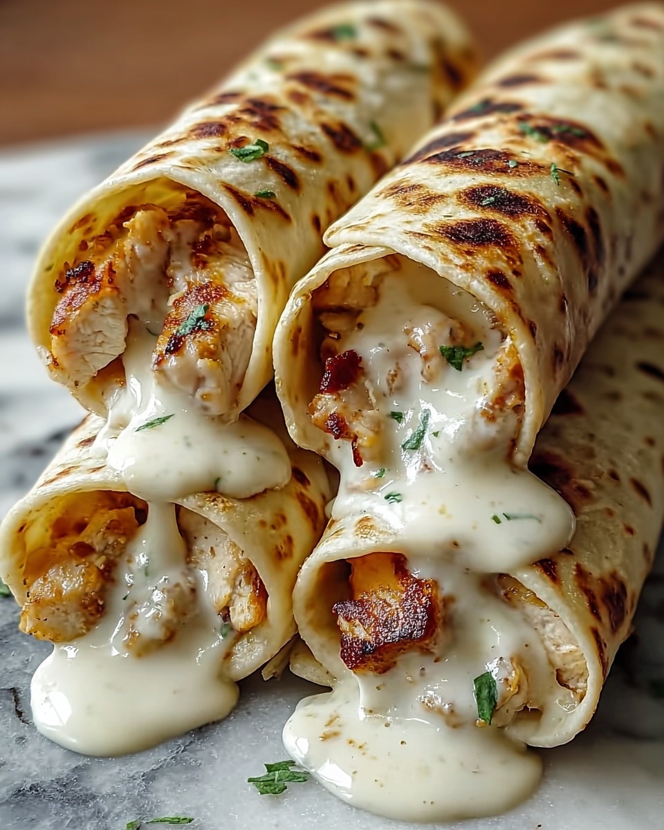 Three rolled tortillas with toasted brown spots are filled with pieces of grilled, golden-brown chicken. The chicken inside looks juicy and is covered in creamy white sauce that is dripping slightly out of each roll. A few small green herbs are visible on top of the tortillas. The tortillas are laid on a surface with a white marbled texture. Photo taken with an iphone --ar 4:5 --v 7