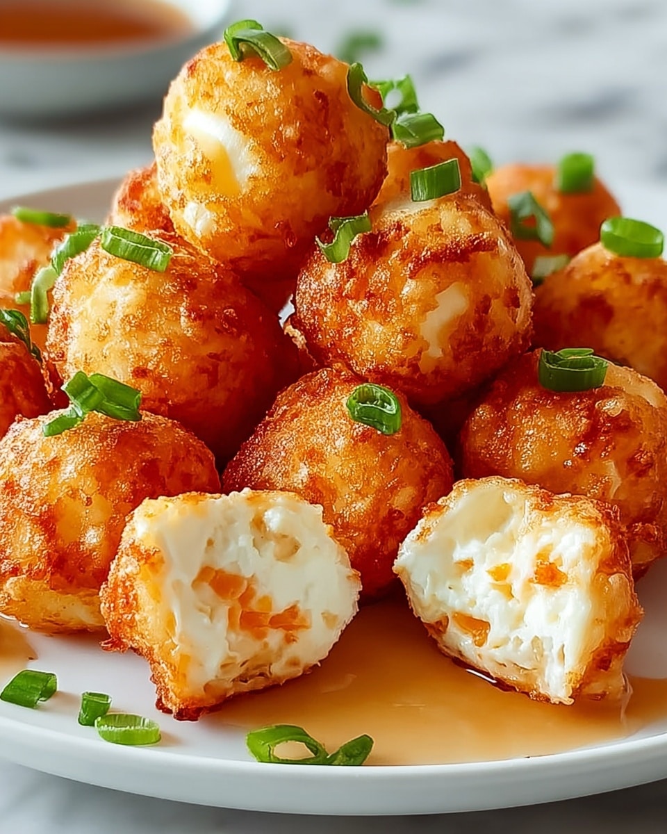 A white plate holds a pile of small, round fried cheese balls with a golden-brown crispy outer layer that looks crunchy and textured. Some cheese balls are whole, topped with small pieces of green onion, while two are cut open at the front, revealing a creamy white inside mixed with small orange bits. A light brown sauce is spread under some balls on the plate. The background shows a white marbled surface, keeping focus on the cheesy treats. photo taken with an iphone --ar 4:5 --v 7