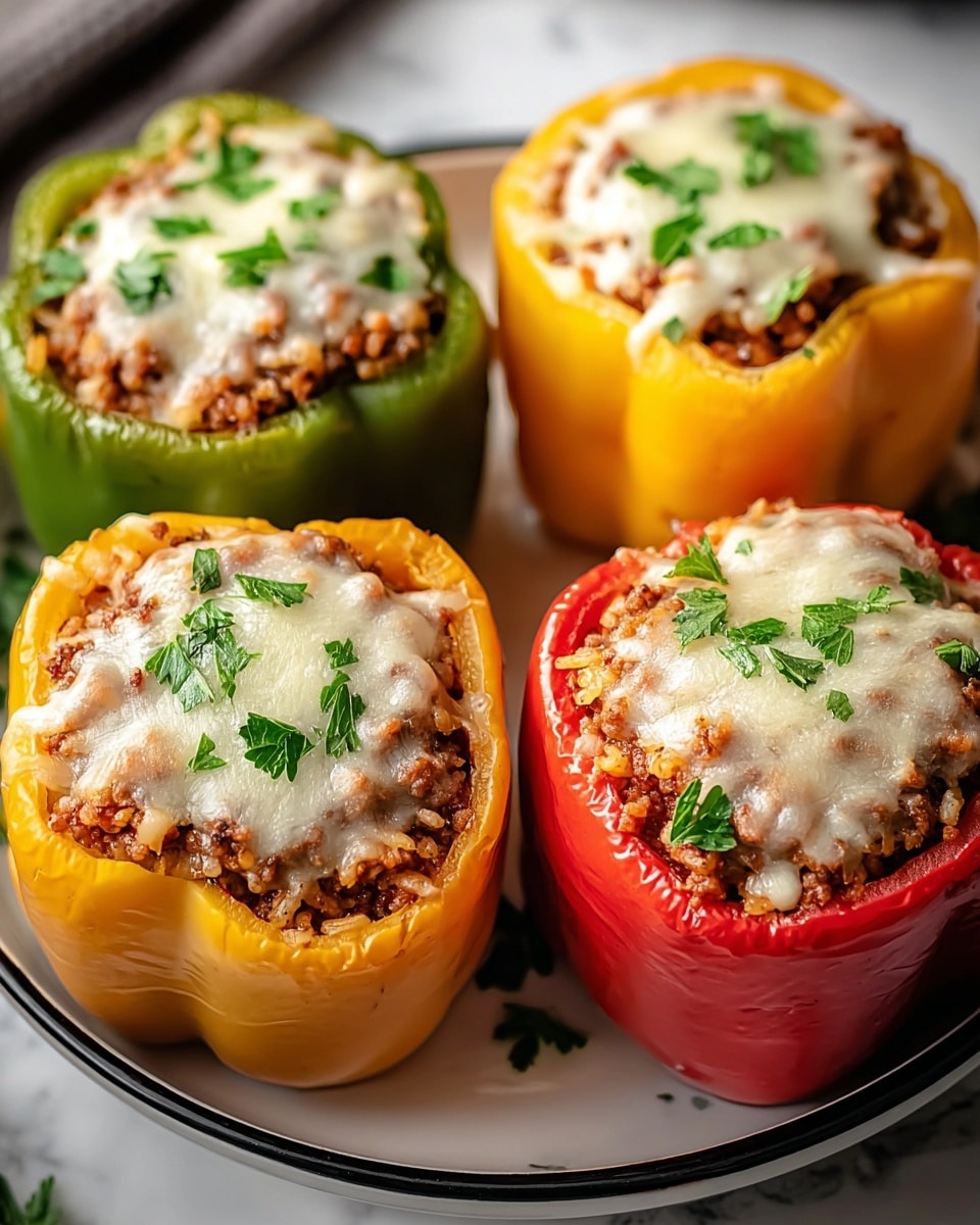 Four stuffed bell peppers sit closely on a white plate with a black rim, placed on a white marbled surface. Each bell pepper is halved and hollowed, filled with a mixture of cooked ground meat and rice, showcasing a textured brown and beige interior. The top of each filling is covered with melted cheese that is white with hints of yellow, slightly browned and gooey, sprinkled with small green parsley pieces. The peppers vary in color: one green, one yellow, and two red, all vibrant and shiny with a soft roast texture appearing around the edges. photo taken with an iphone --ar 4:5 --v 7