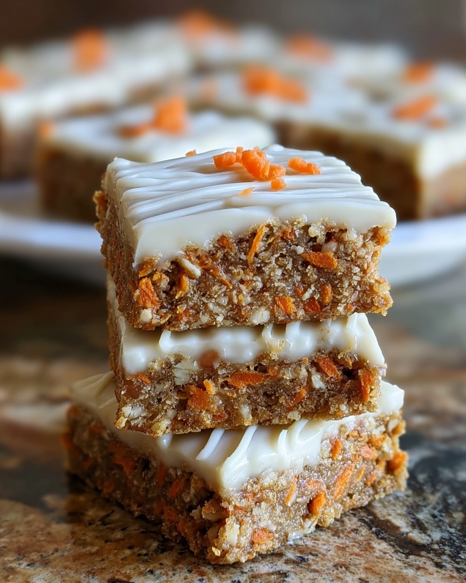 A stack of three square carrot bars is shown close up, each bar having two visible layers: the bottom layer is a dense, textured mix of orange carrot bits and brown cake-like dough, and the top layer is a smooth, creamy white icing. The top bar also has white icing drizzled in lines and a few small orange carrot pieces on top. The bars are stacked on a surface with a brown and beige natural stone pattern, while blurred additional bars are seen in the background on a white plate. photo taken with an iphone --ar 4:5 --v 7