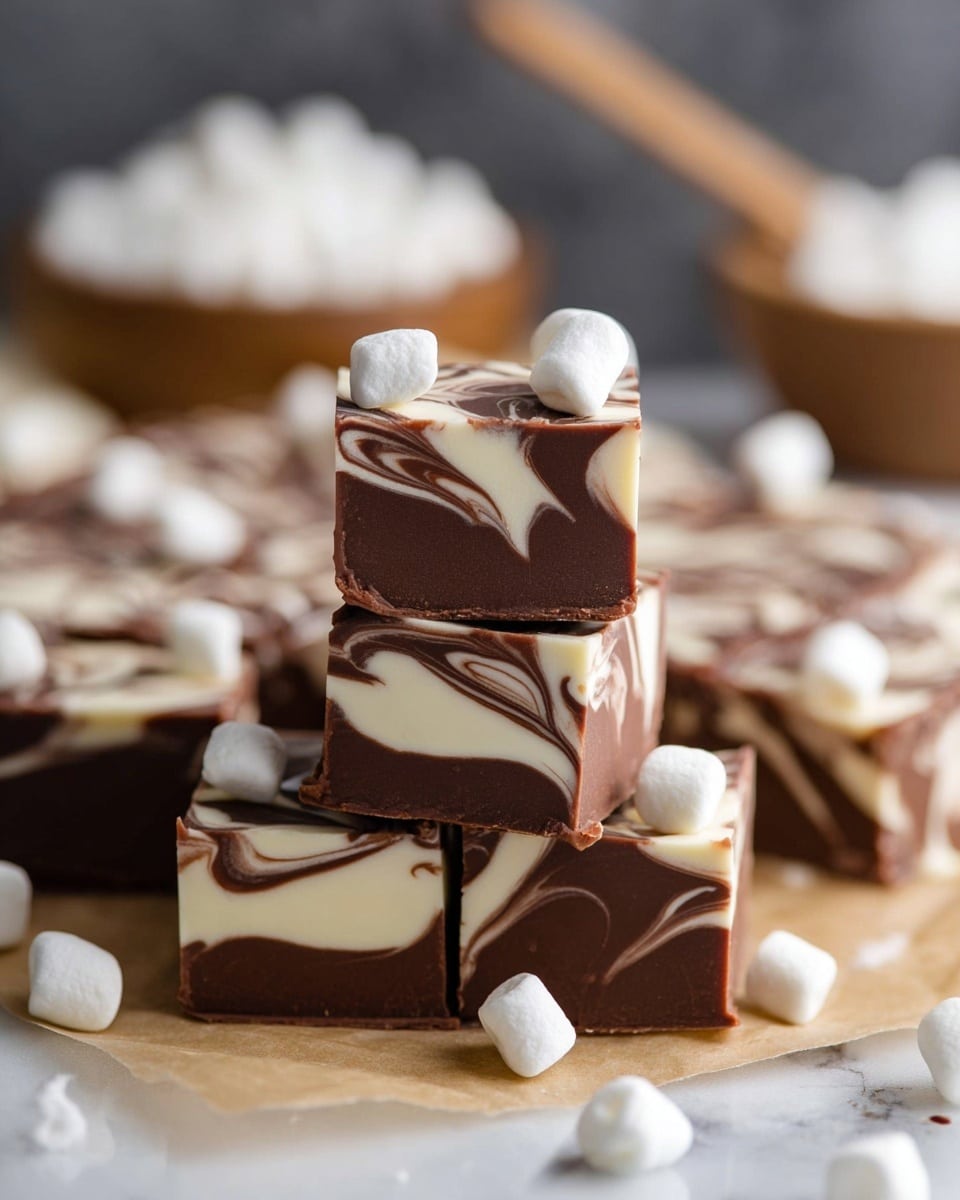 The image shows a stack of square fudge pieces with two layers: a smooth dark brown chocolate layer swirled with a creamy white layer, creating marble-like patterns on each side. Some fudge pieces have small white marshmallows placed on top. The fudge is set on parchment paper over a white marbled texture surface, with scattered marshmallows around it and a blurred bowl of more marshmallows and a wooden spoon in the background. photo taken with an iphone --ar 4:5 --v 7
