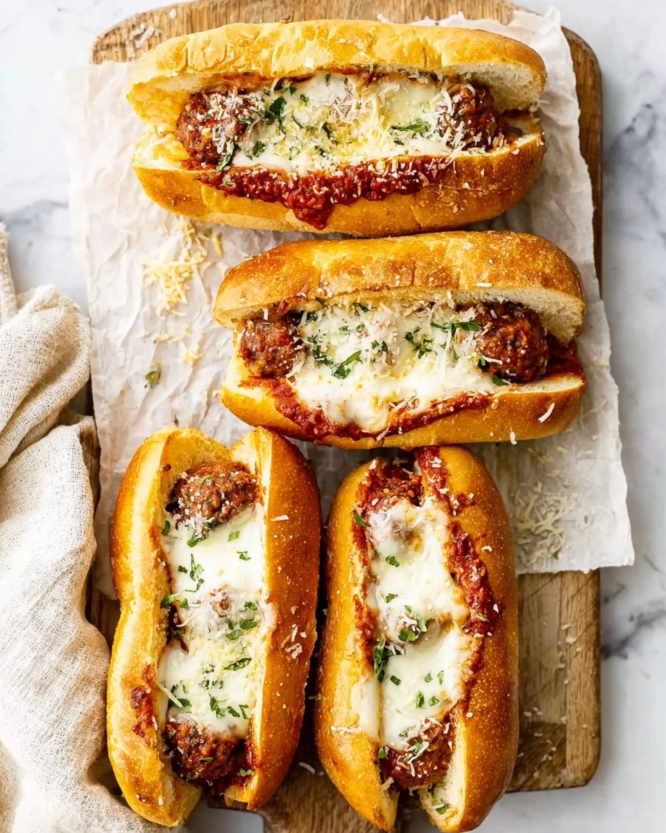 Four meatball subs are placed on parchment paper over a white marbled textured cutting board. Each sandwich has a golden-brown toasted hoagie bun that is split open horizontally. Inside, the bottom layer consists of red meatballs in a rich tomato sauce. The next layer is melted white cheese that is creamy and slightly browned in spots. The sandwiches are sprinkled with green herbs and a bit of grated cheese on top. The image shows the sandwiches arranged in a neat row, with a soft white cloth partially visible on the left side. Photo taken with an iphone --ar 4:5 --v 7