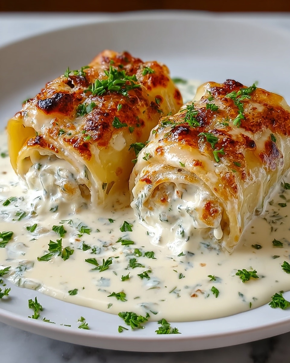 Two thick, creamy white rolled cannelloni pasta pieces sit side by side on a white plate, each topped with a golden-brown, slightly charred melted cheese layer. The cannelloni are filled with a white cream sauce that oozes slightly onto the plate, speckled with black pepper and finely chopped green herbs. More chopped green herbs are scattered on top and around the plate, creating a fresh contrast with the warm, creamy pasta. The plate rests on a surface with a white marbled texture. photo taken with an iphone --ar 4:5 --v 7