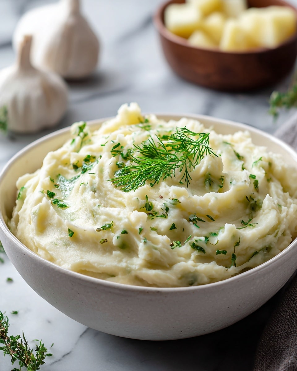 A mound of creamy mashed potatoes fills a white bowl, showing a smooth yet slightly textured surface with soft peaks and swirls. The potatoes are pale yellow with green specks of chopped herbs scattered throughout, topped with a small sprig of fresh dill in the center. The bowl is placed on a white marbled surface, with two whole garlic bulbs blurred in the background along with some green herbs. Photo taken with an iphone --ar 4:5 --v 7