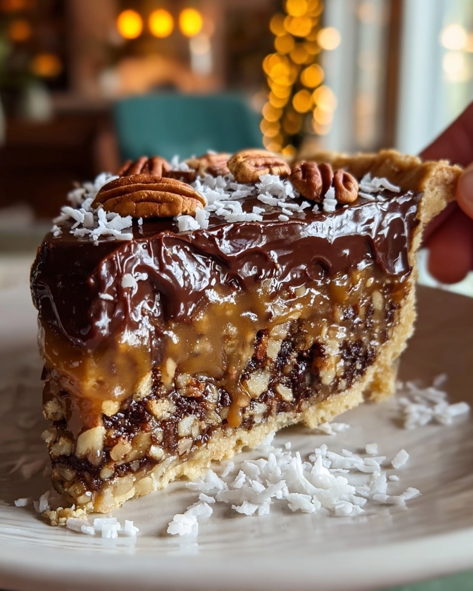 A close-up of a thick slice of pie with four visible layers: at the bottom, a light golden, crumbly crust; above it, a dense mix of chopped nuts and chocolate pieces creating a coarse texture with dark brown and tan tones; next, a glossy, gooey caramel layer with a rich golden-brown color that drips slightly down the side; and on top, a shiny, smooth layer of dark chocolate ganache sprinkled with whole pecans and white shredded coconut. The slice sits on a white plate with white shredded coconut pieces scattered around. The background is a blurred warm indoor setting with soft lights, and a woman's hand is about to pick the slice. Photo taken with an iphone --ar 4:5 --v 7