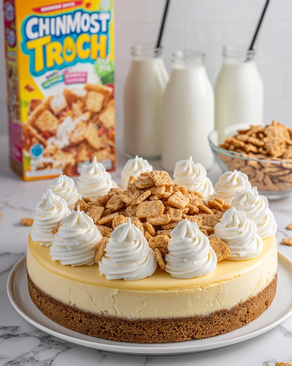 The image shows a round cheesecake with three visible layers: a crumbly brown crust forming the thick outer base, a smooth creamy yellow layer of cheesecake filling in the middle, and a top decorated with ten large swirls of white whipped cream arranged evenly around the edge. In the center of the cheesecake, there is a pile of broken light brown cereal pieces that add texture to the top. The cheesecake sits on a white plate, placed on a white marbled surface. In the background, a colorful Cinnamon Toast Crunch cereal box and a clear bowl filled with the same cereal can be seen, alongside three glass bottles filled with white milk, two of which have black straws. The overall setting is bright and clean, highlighting the dessert’s creamy and crunchy textures clearly. photo taken with an iphone --ar 4:5 --v 7