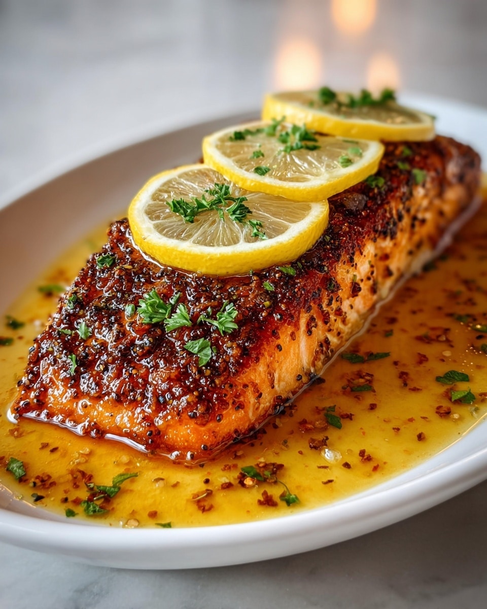The image shows a cooked salmon fillet placed on a white plate set on a white marbled surface. The fillet has a golden-brown grilled texture with some blackened spots, covered in a glossy, slightly oily sauce that pools around the base. On top of the salmon, there are three thin, round lemon slices arranged in a line, each light yellow with a translucent look, sprinkled with small bits of chopped green parsley. The parsley is scattered over the salmon and sauce, adding bright green color and a fresh touch. Photo taken with an iphone --ar 4:5 --v 7