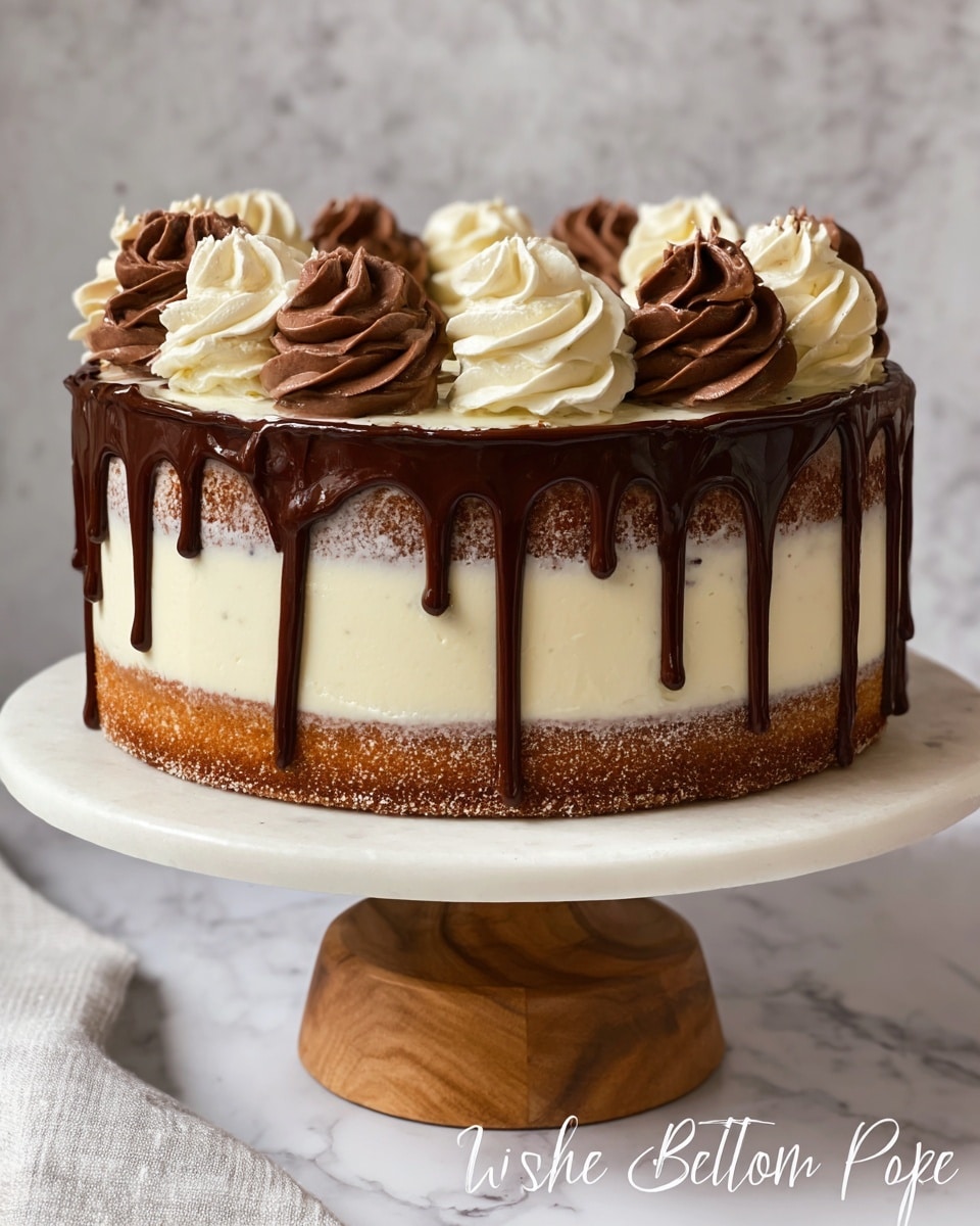 A three-layered cake stands on a white cake plate with a wooden base, placed on a white marbled surface. The bottom layer is a light brown cake layer, the middle layer is thick white cream, and the top layer is another light brown cake layer. The whole cake is covered in a smooth white cream with a slight see-through effect showing the layers beneath. Dark chocolate glaze drips down evenly from the top edge, adding a rich contrast. On top, there are alternating swirls of white and dark brown cream, arranged around the edge, giving a decorative and creamy look. photo taken with an iphone --ar 4:5 --v 7
