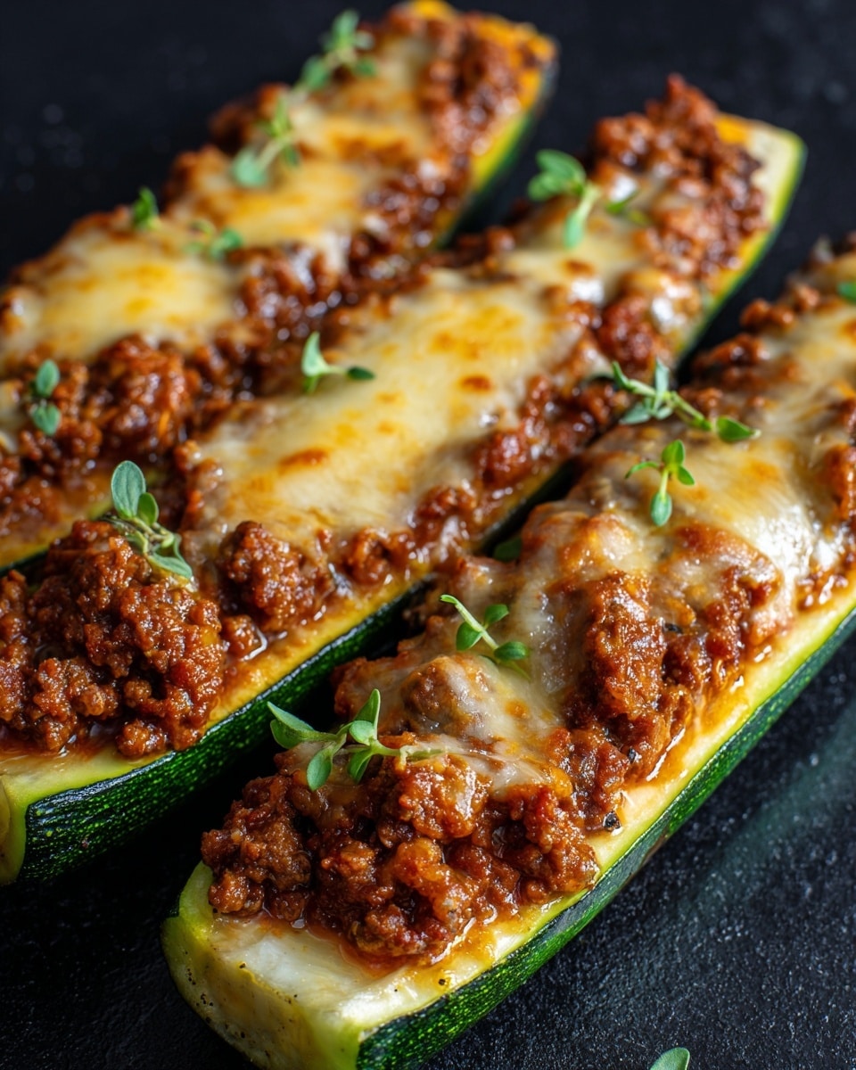 The image shows three zucchini boats on a dark baking tray, each cut in half lengthwise with dark green skin on the outside. The inside of the zucchini is yellowish and hollowed out to hold two layers of filling. The first layer is a crumbly brown meat mixture filling the zucchini evenly. The second layer is melted white cheese on top, slightly browned with a few green herb pieces sprinkled over it to add color. The baking tray has some oil and small food bits around the zucchini. The background is a white marbled texture. Photo taken with an iphone --ar 4:5 --v 7