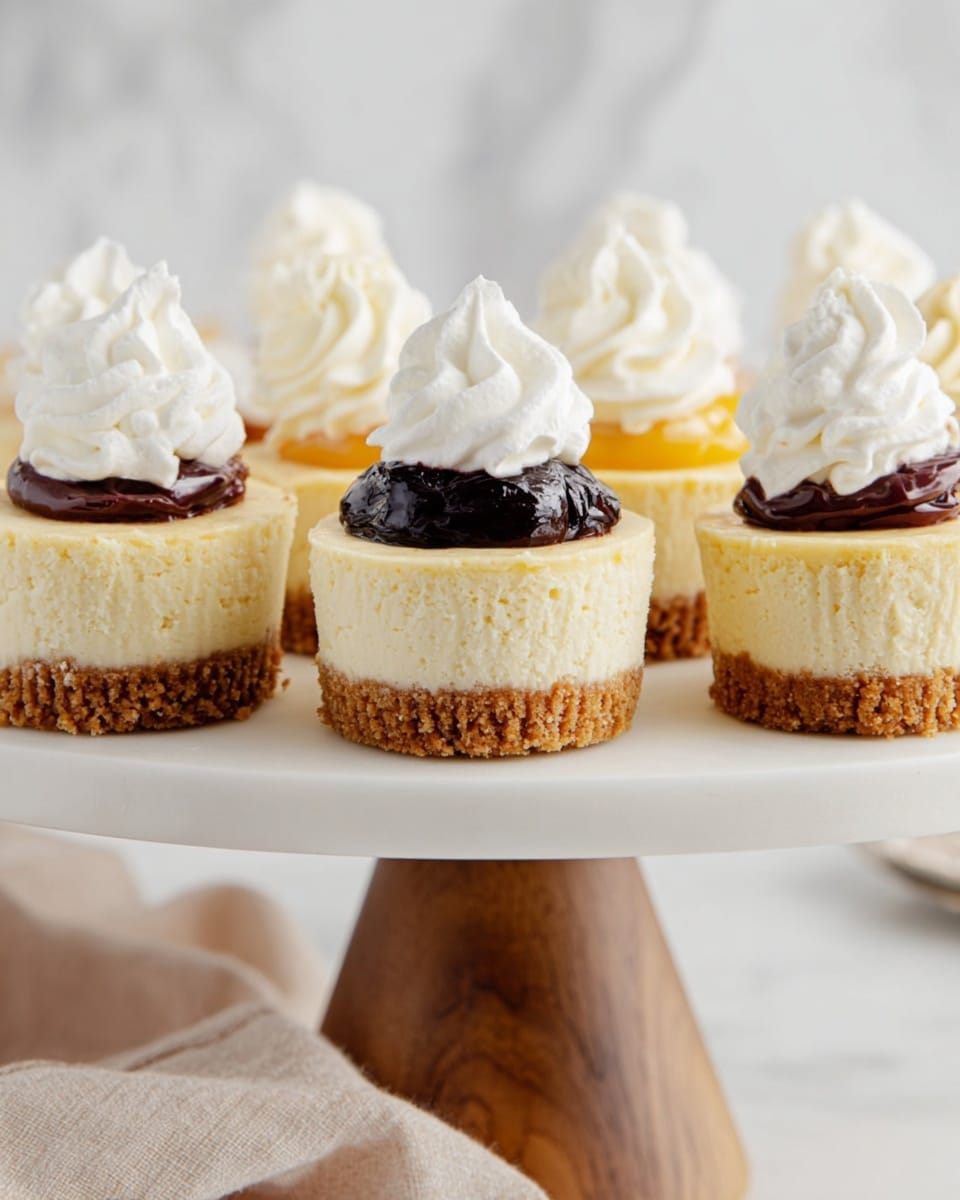The image shows several mini cheesecakes on a white marble cake stand with a wooden base. Each cheesecake has three layers: a golden brown crumbly crust at the bottom, a thick creamy pale yellow cheesecake layer in the middle, and various toppings. Some cheesecakes have a smooth dark chocolate layer topped with a swirl of white whipped cream, others have a layer of yellow or red fruit jelly beneath the whipped cream. The whipped cream is piped in soft, fluffy, white swirls sitting on top of each cheesecake. In the background is a white marbled texture. photo taken with an iphone --ar 4:5 --v 7