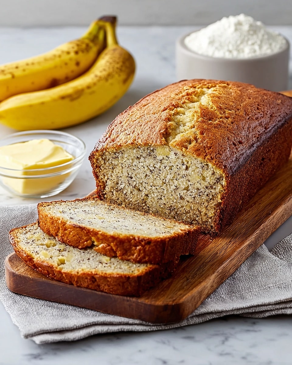 A loaf of banana bread with a rough, cracked golden-brown crust sits on a wooden board, with two thick slices cut and placed beside it showing a moist, light tan inside speckled with darker brown bits. Next to the board is a small clear glass bowl with a light yellow butter pat on top of a creamy spread. In the background there is a white bowl filled with white flour and two ripe bananas with brown spots resting behind it, all on a white marbled surface. A gray cloth napkin is partly underneath the wooden board. Photo taken with an iphone --ar 4:5 --v 7