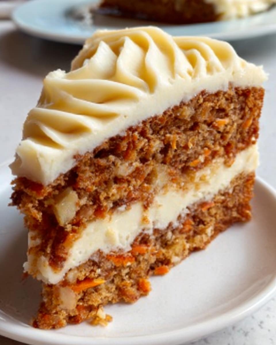 A close-up view of a slice of carrot cake on a white plate, showing three layers in total: two thick, moist brown cake layers speckled with bits of carrot and nuts, separated by a smooth pale cream cheese frosting layer in the middle and topped with a thick, swirled layer of the same creamy white frosting. The cake looks soft and dense with visible chunks of carrots and nuts inside. The plate is placed on a white marbled surface, and natural light softly highlights the texture of the frosting and cake crumbs. Photo taken with an iphone --ar 4:5 --v 7