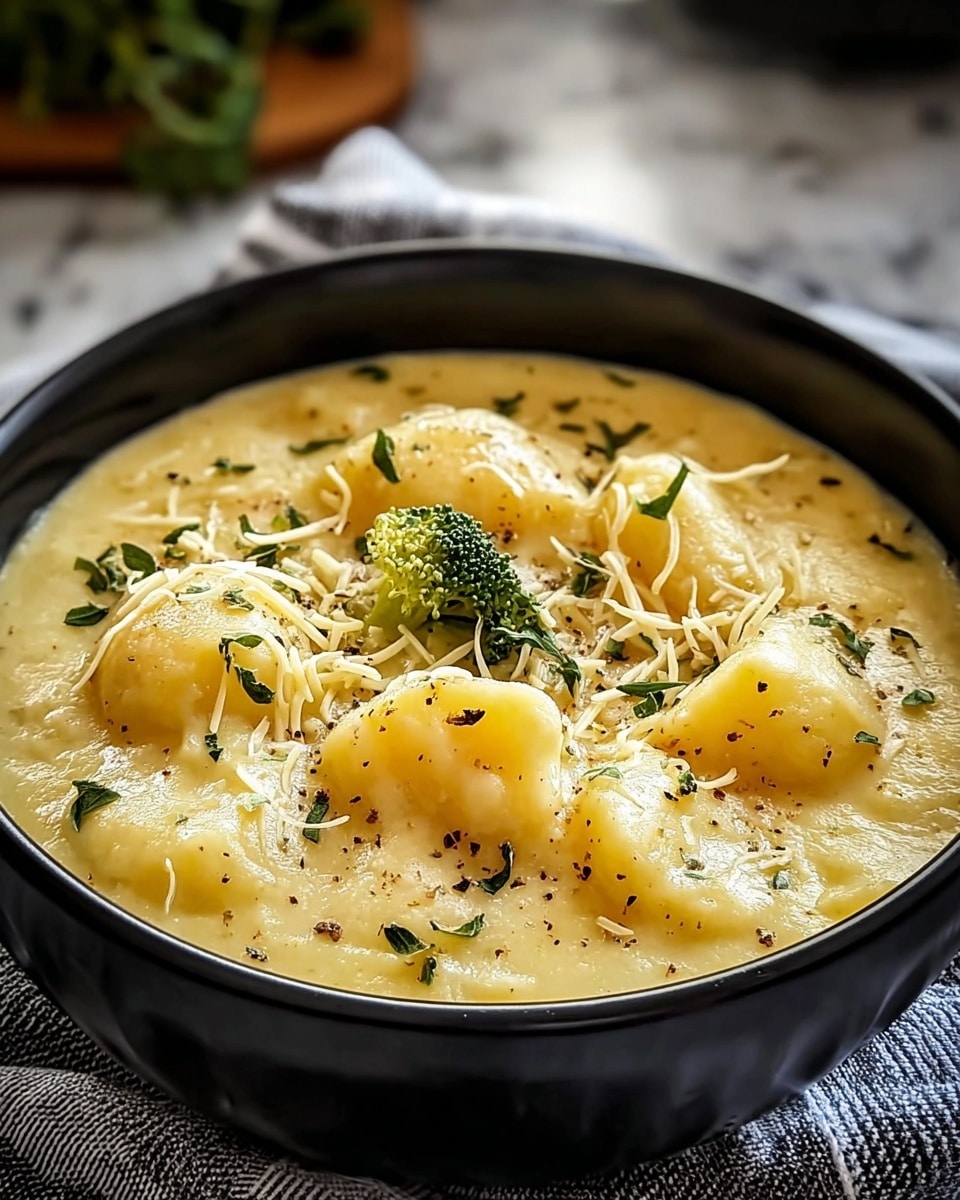 A close-up of creamy yellow soup served in a white bowl, filled nearly to the top. Inside the soup, there are several chunky pieces of soft-looking yellow potatoes scattered throughout. Thin strands of grated cheese melt on the surface with a slight shine. Small green herb leaves and sprigs are sprinkled evenly, along with a light dusting of black pepper adding dark specks on the soup's creamy texture. The bowl sits on a black and white striped cloth, all set on a white marbled surface, with soft natural light coming from the background. Photo taken with an iphone --ar 4:5 --v 7